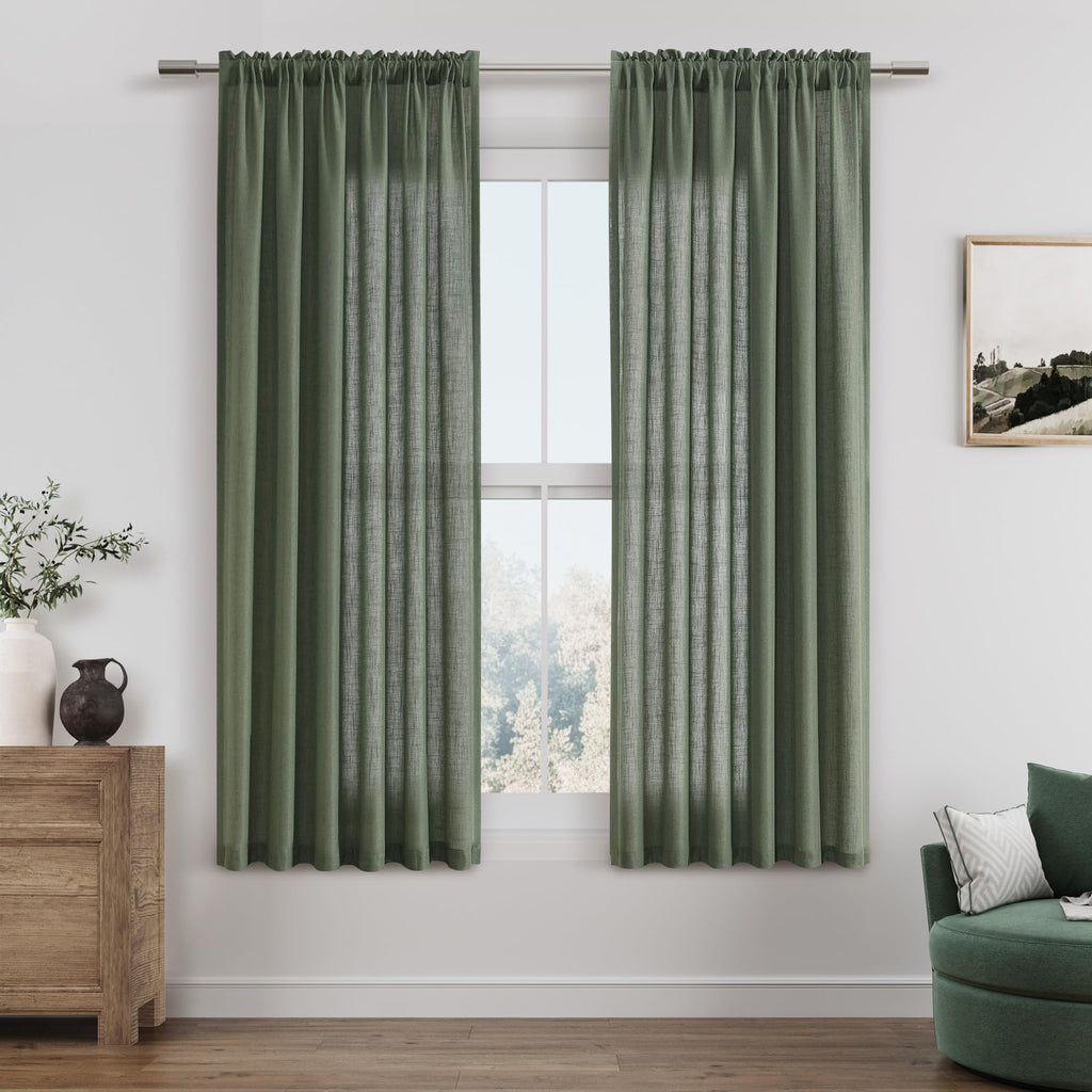 Guken Olive Green Linen Curtains 63 Inch Length For Living Room Bedroom 2 Panels Set Rod Pocket Light Filtering Semi Sheer Windo