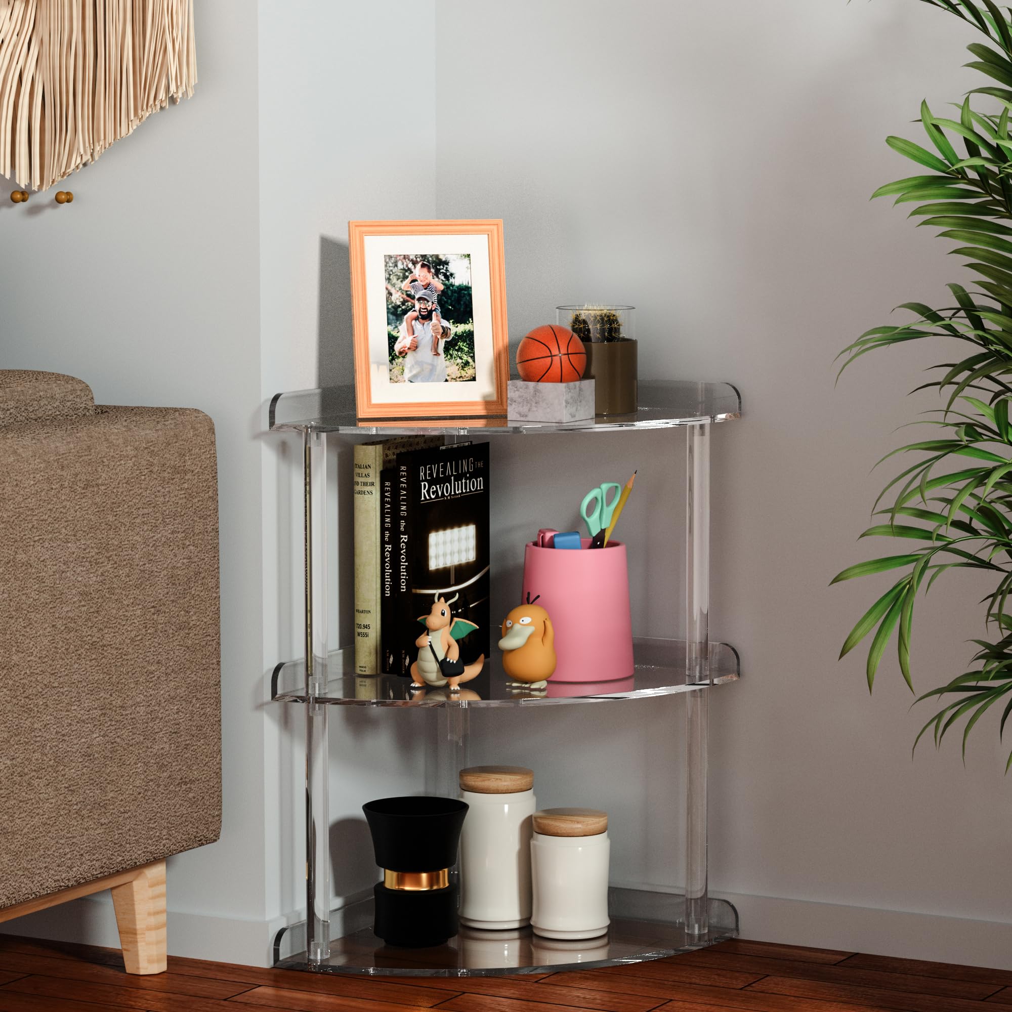 Sezanrpt 3 Tier Acrylic Corner Shelf Organizer Storage 9.5X9.5X15.7 Inch, Transparent Countertop Corner Shelf For Bathroom, Kitchen, Bedroom, Office, Study Room