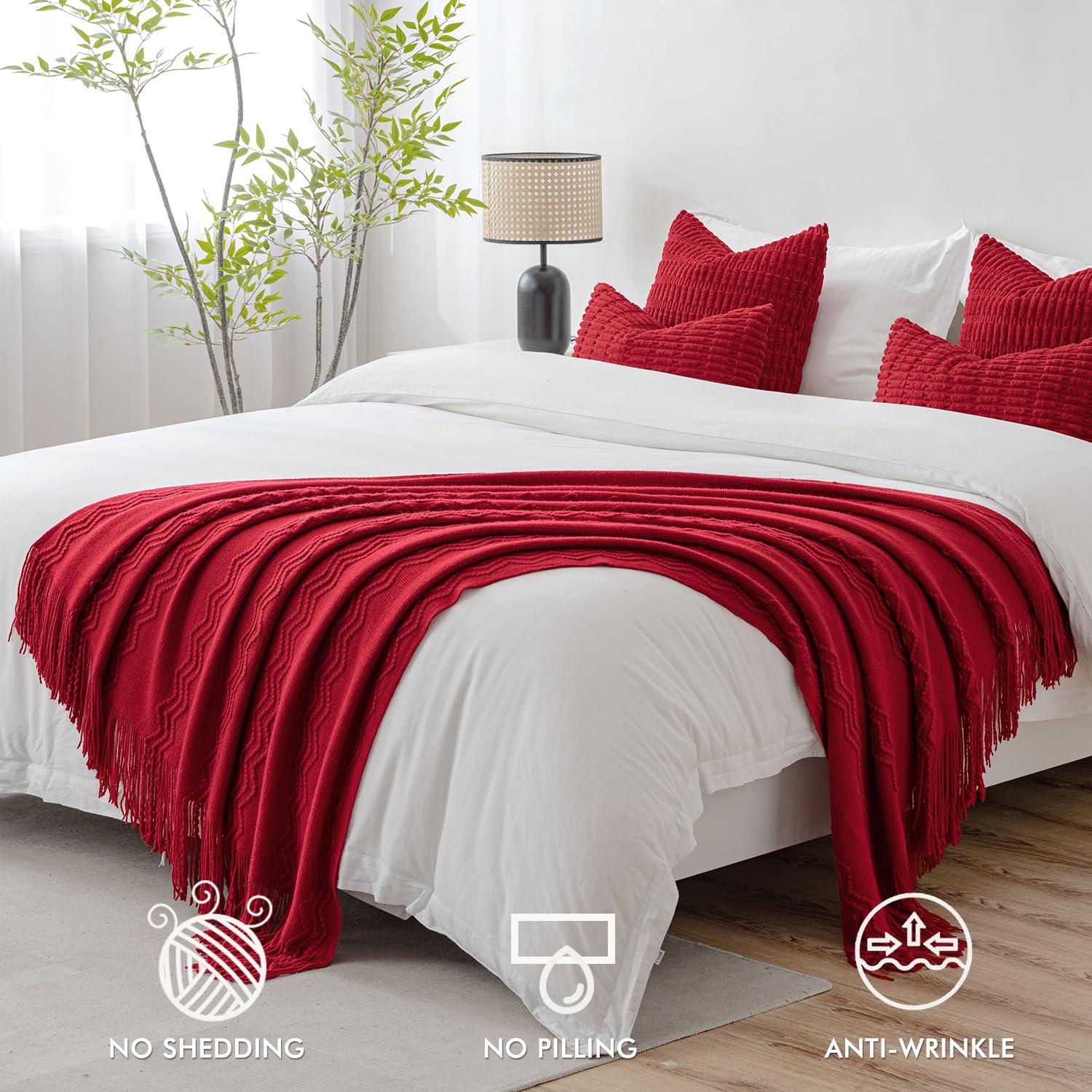 Miulee Christmas Burgundy Red Knitted Throw Blanket For Couch Textured Knit Blanket With Tassels Cozy Woven Boho Bed Blanket For Sofa Bed Chair Acrylic Wave Pattern 50'X60'