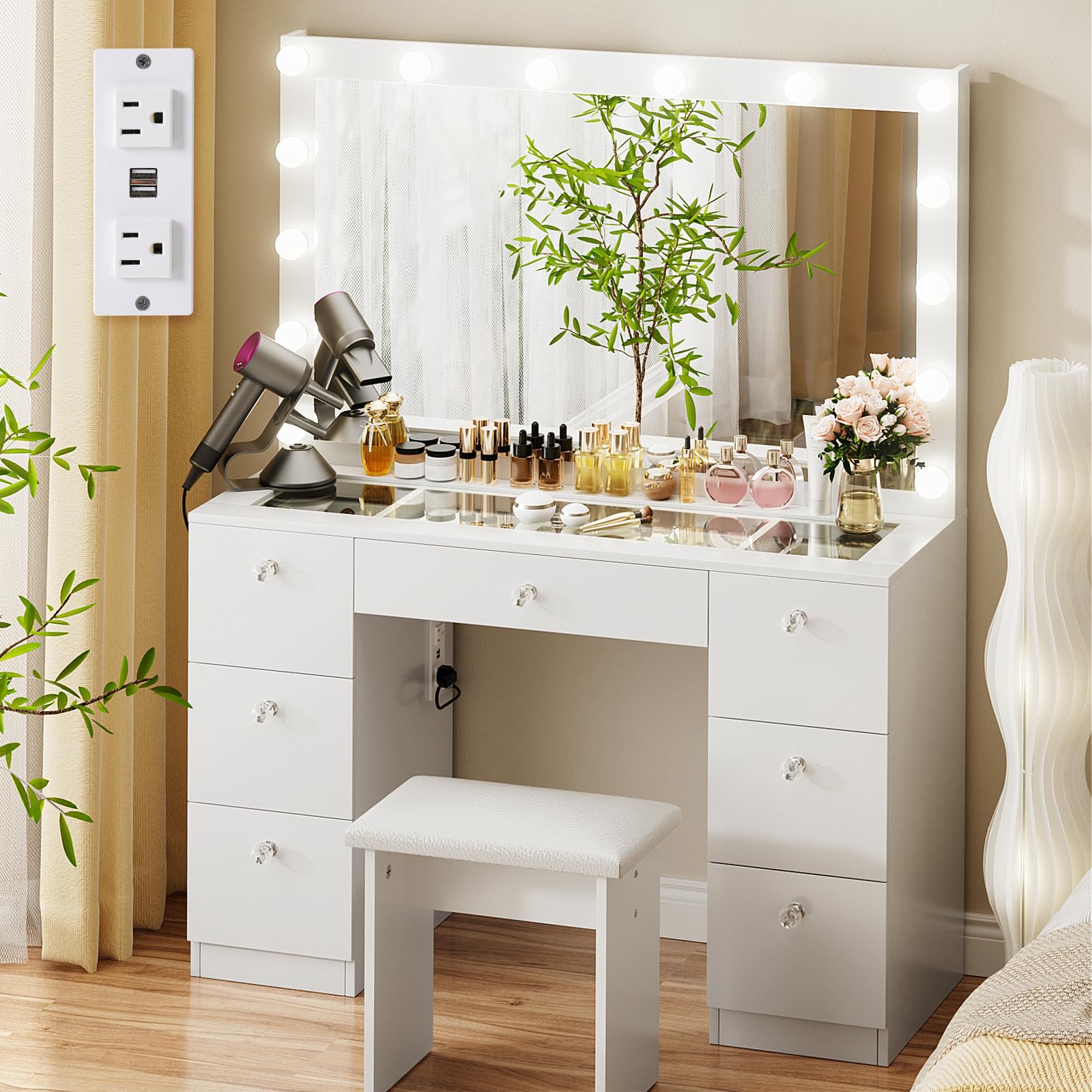 VOWNER Vanity with Lighted Mirror - Makeup Vanity Desk with Glass Top, 7 Drawers and Power Outlet, 3 Color Lighting Modes Adjust