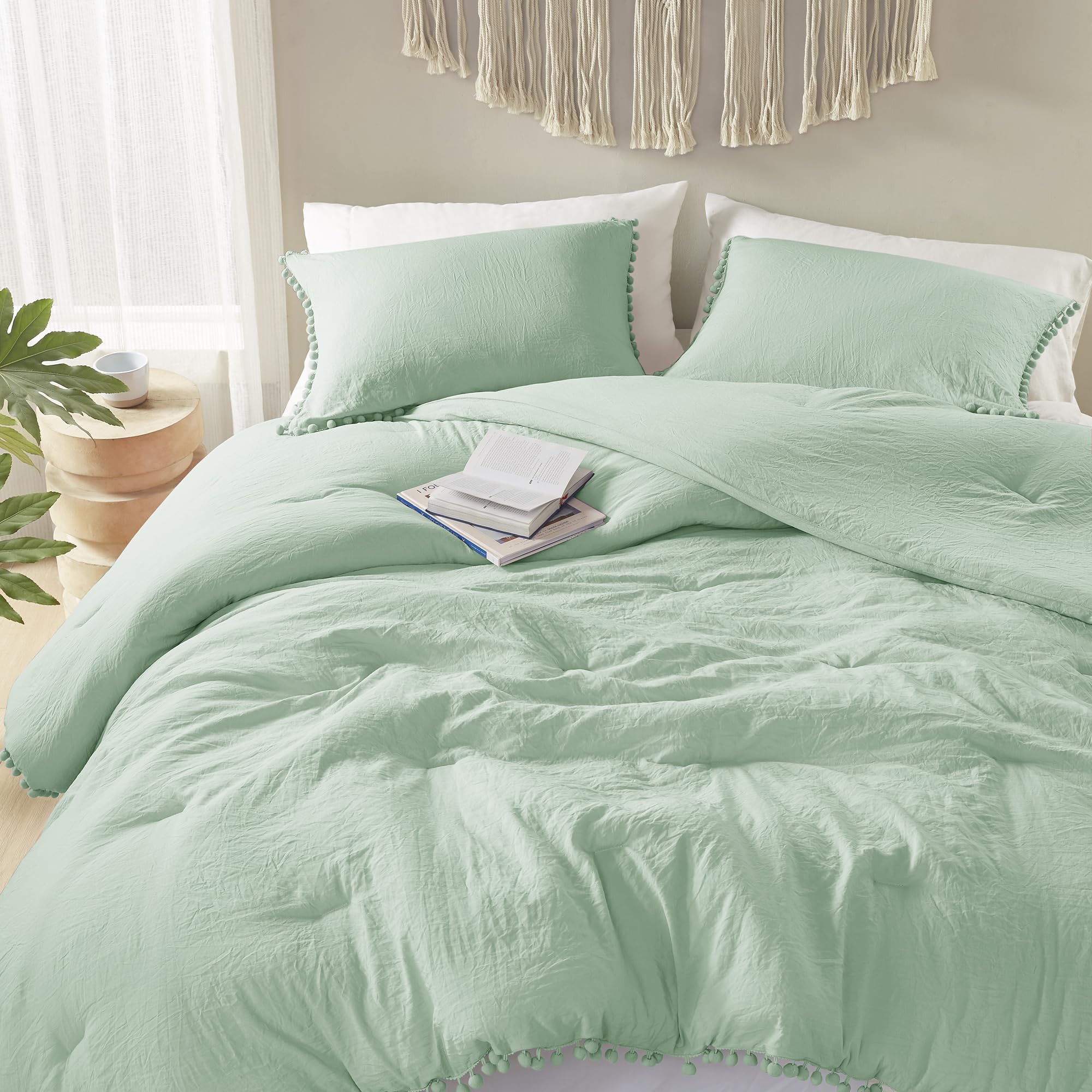 Codi Sage Green Boho King Bedding Set, Aesthetic Luxurious Pom Fringe Design Comforter, Cute Soft Washed Microfiber Bed Sets, Li