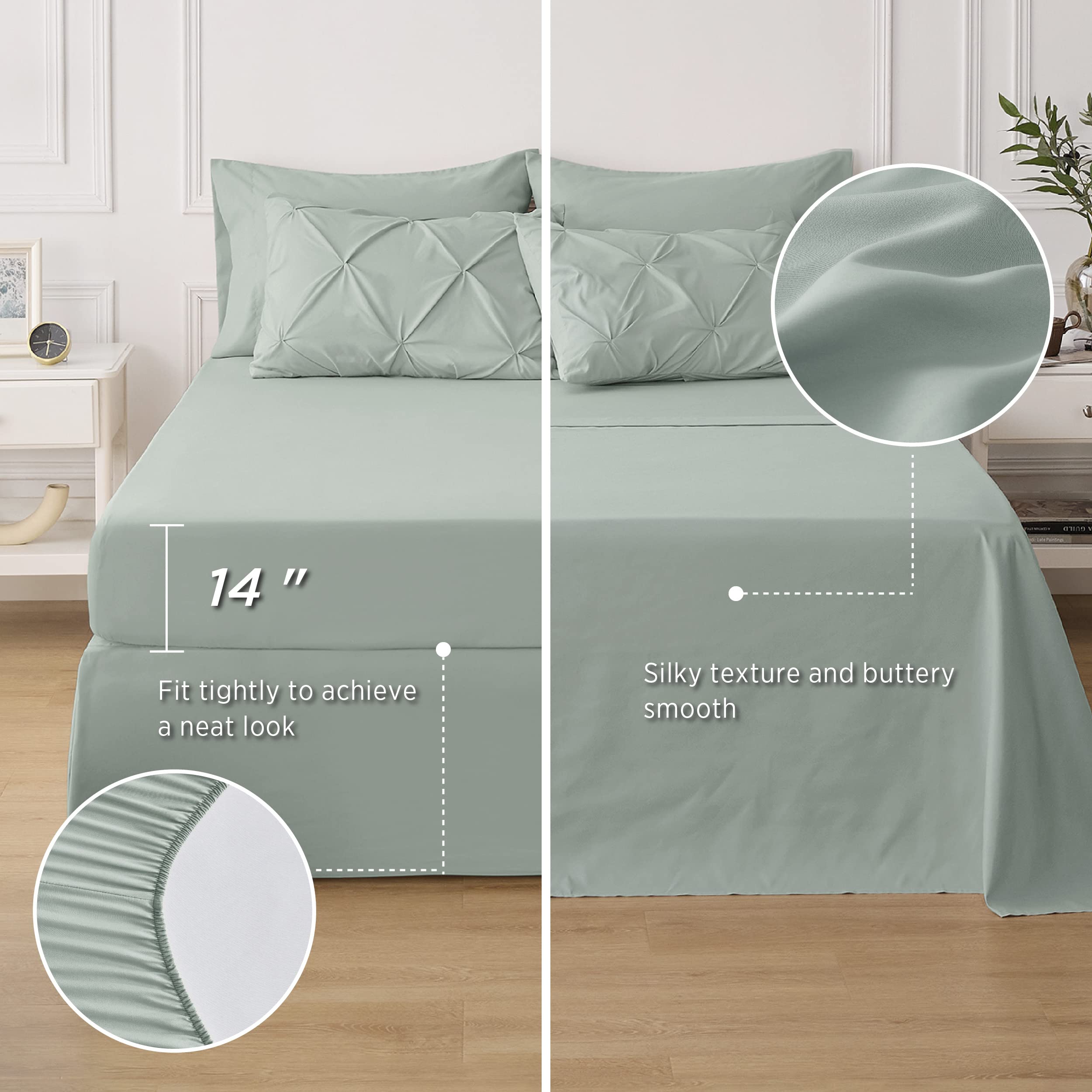 Bedsure Green Comforter Set Queen - Bed In A Bag Queen 7 Pieces, Pintuck Beddding Sets Green Bed Set, Spring Bedding With Comfor