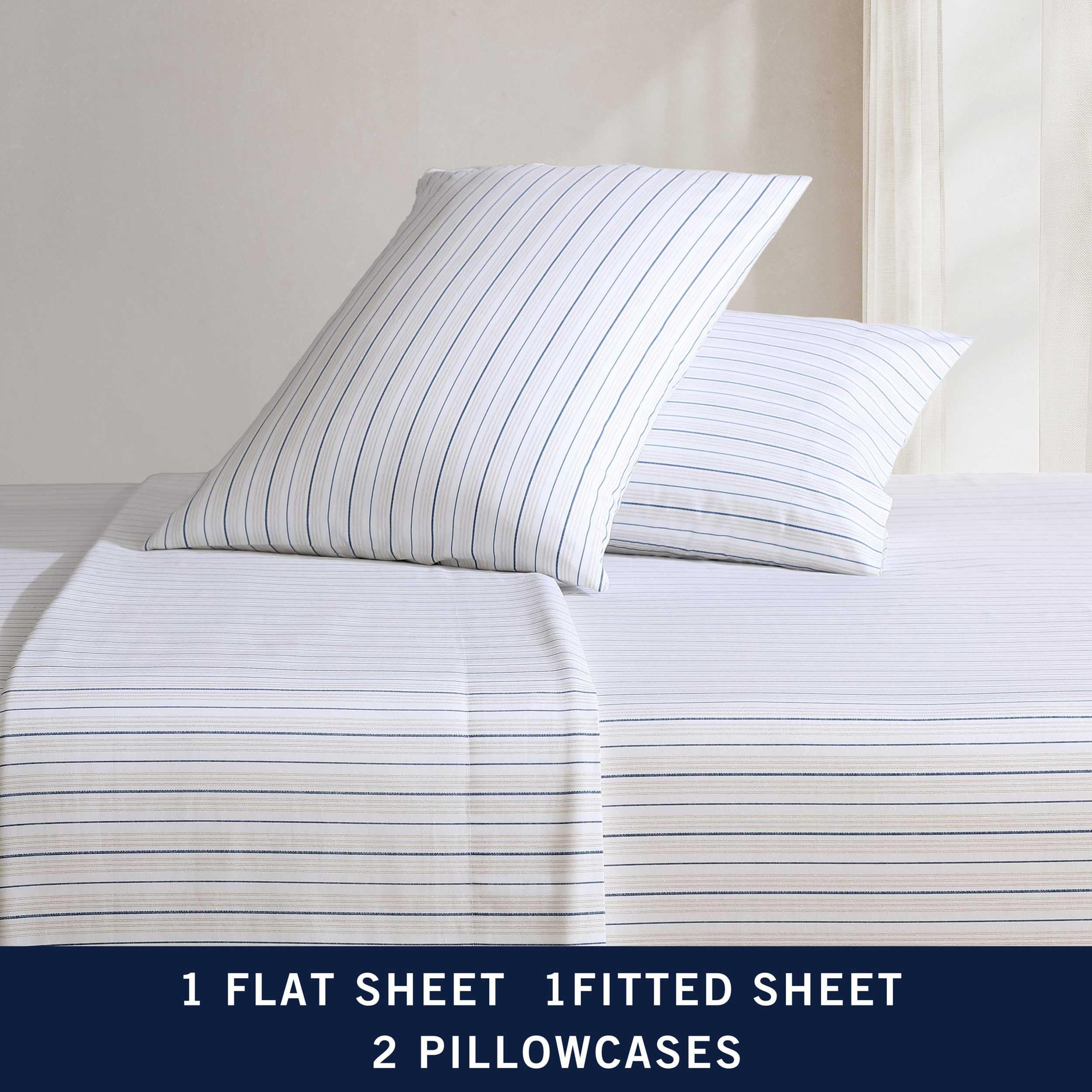 Nautica - Twin Xl Sheets, Premium Cotton Percale Bedding Set, Striped Bedding Set, Oeko-Tex Certified (Beaux Stripe Blue, Twin Xl)