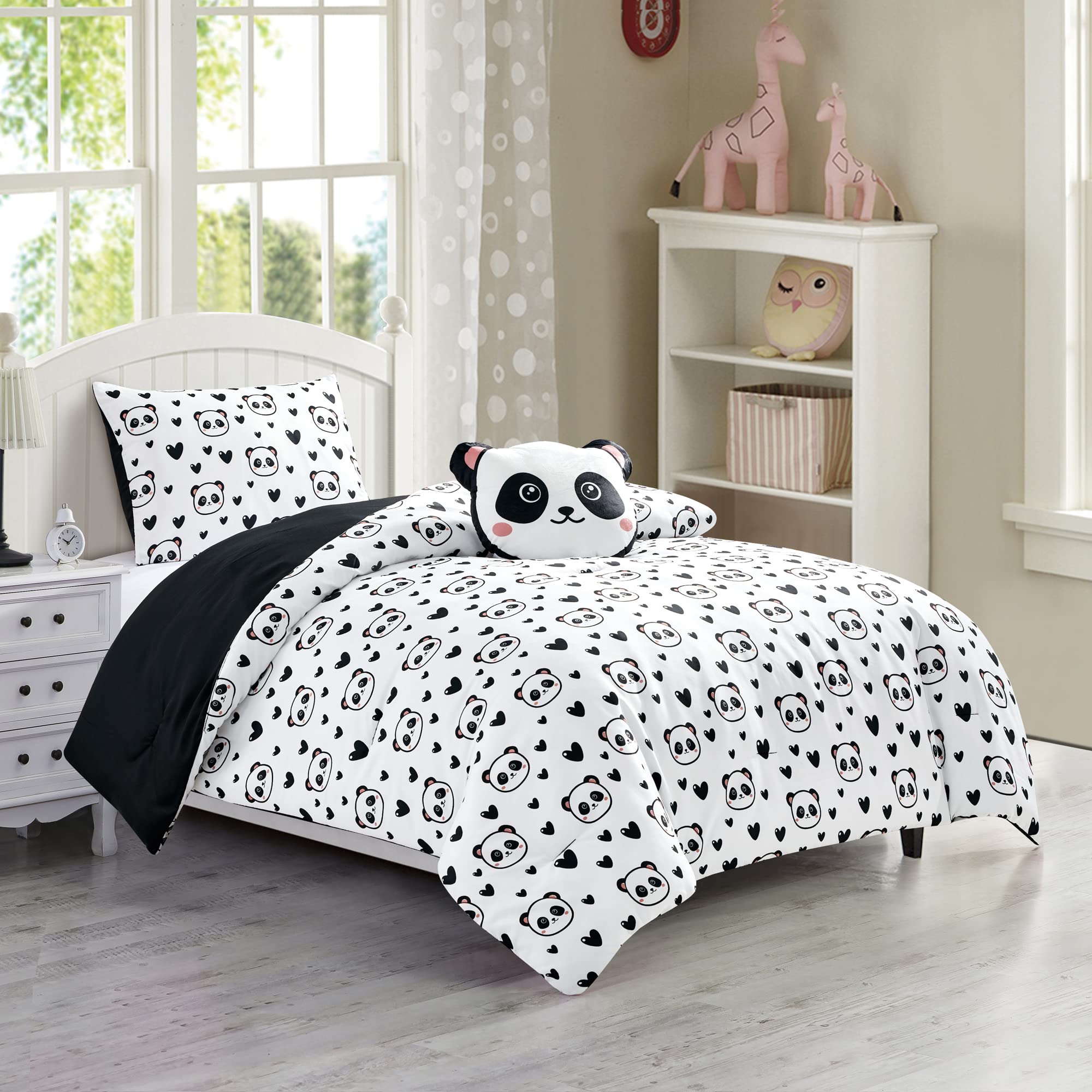 Chezmoi Collection 3-Piece Black White Girls Twin Size Bedding Set Love Panda Hearts Microfiber Comforter Set W/Panda Throw Pill