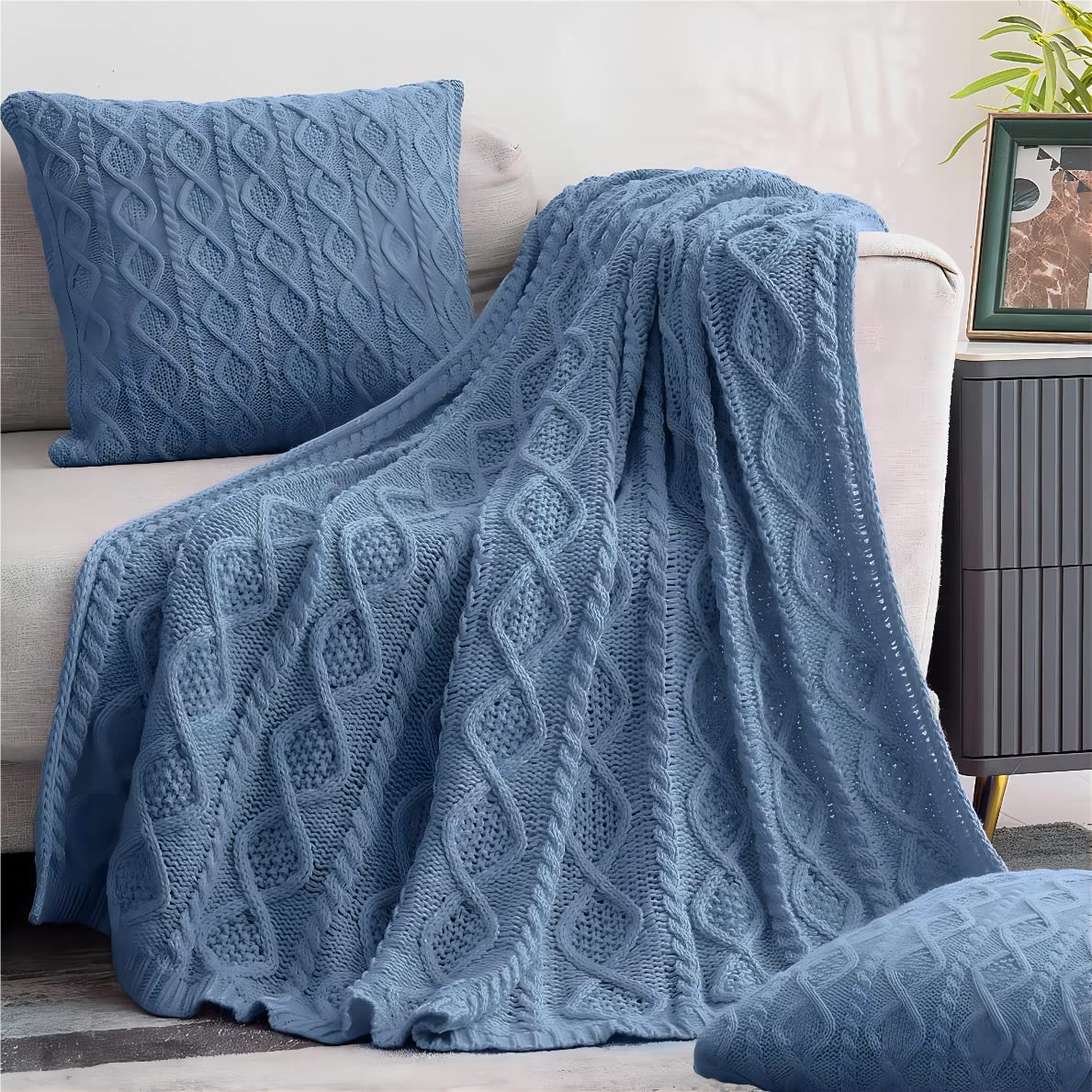 Homiest Dusty Blue Cable Knit Throw Blanket 60 X 80 Inch, Twin Lightweight Blanket Acrylic Knitted Throw Blanket With Diamond Te
