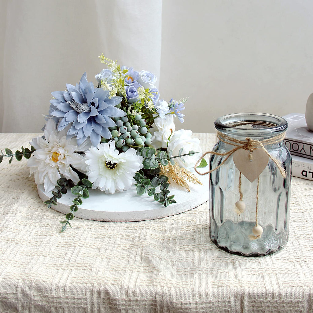 Faux Flowers In Vase, Artificial Flowers In Vase, Table Centerpieces For Dining Room, Silk Dusty Blue Rose Flower Centerpieces F