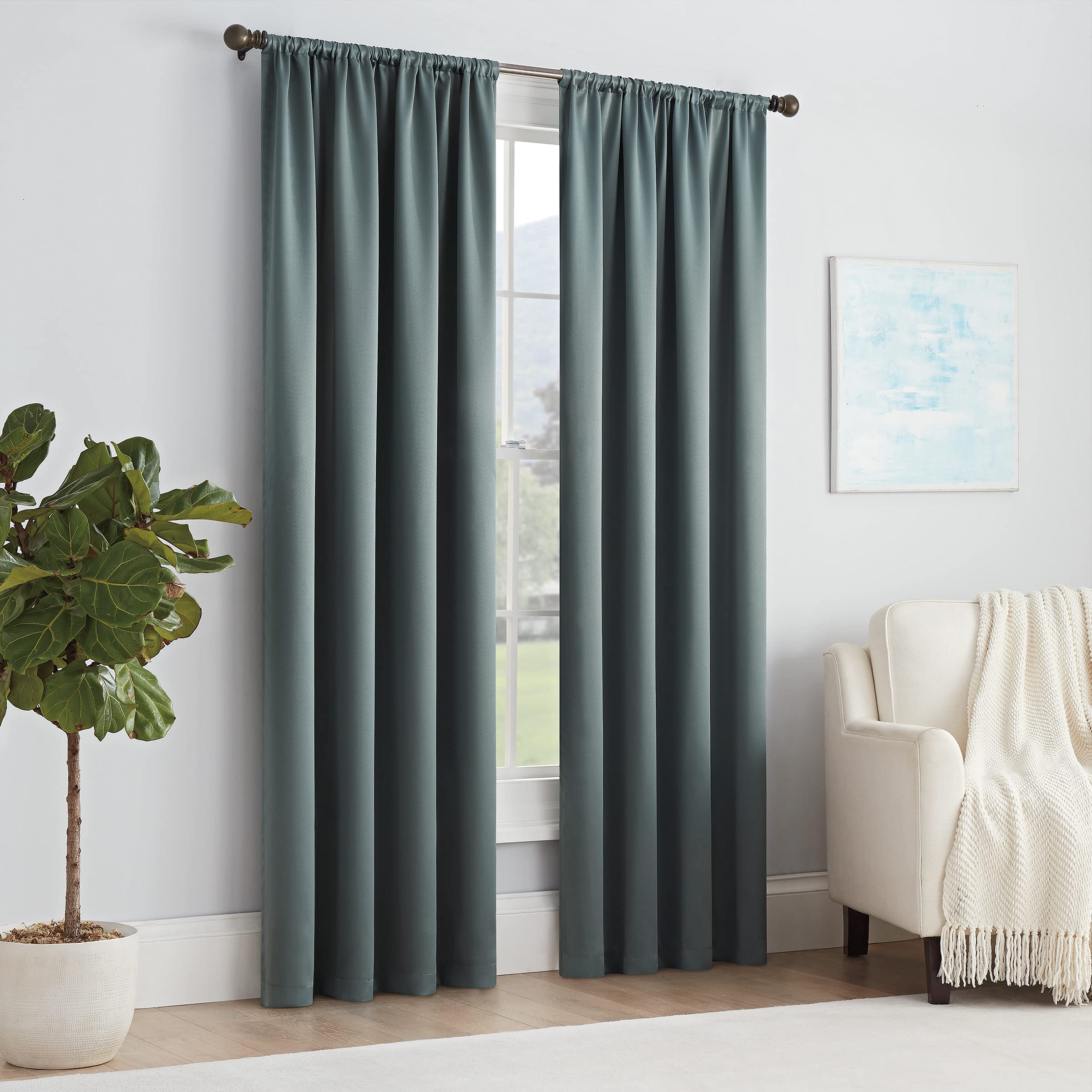 Eclipse Solid Thermapanel Modern Room Darkening Rod Pocket Window Curtain For Bedroom (1 Panel), 54 In X 84 In, River Blue