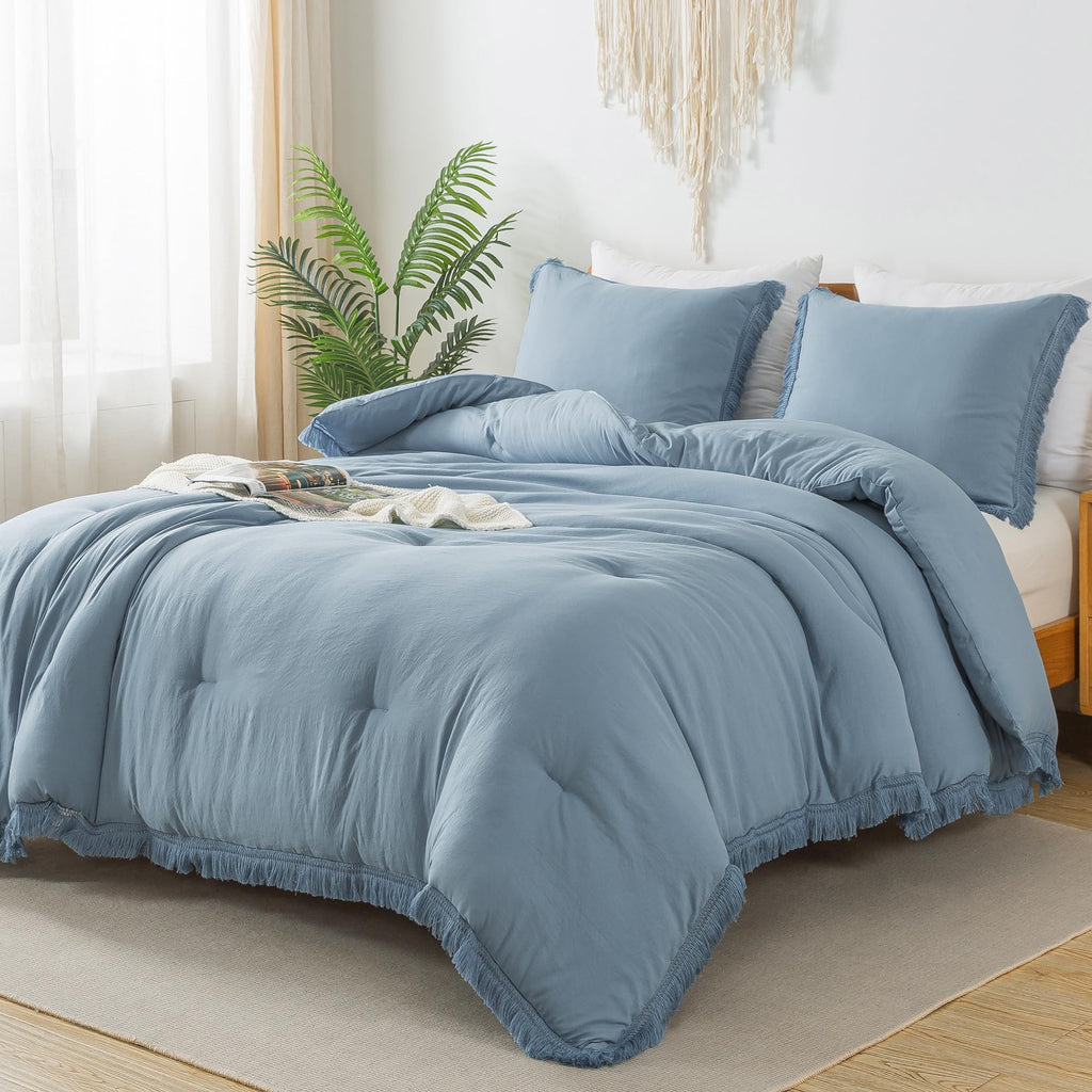 Andency Grayish Blue Comforter Set King Size, 3 Pieces Boho Tassel Lightweight Bedding Comforter Sets, All Season Soft Fluffy Fr