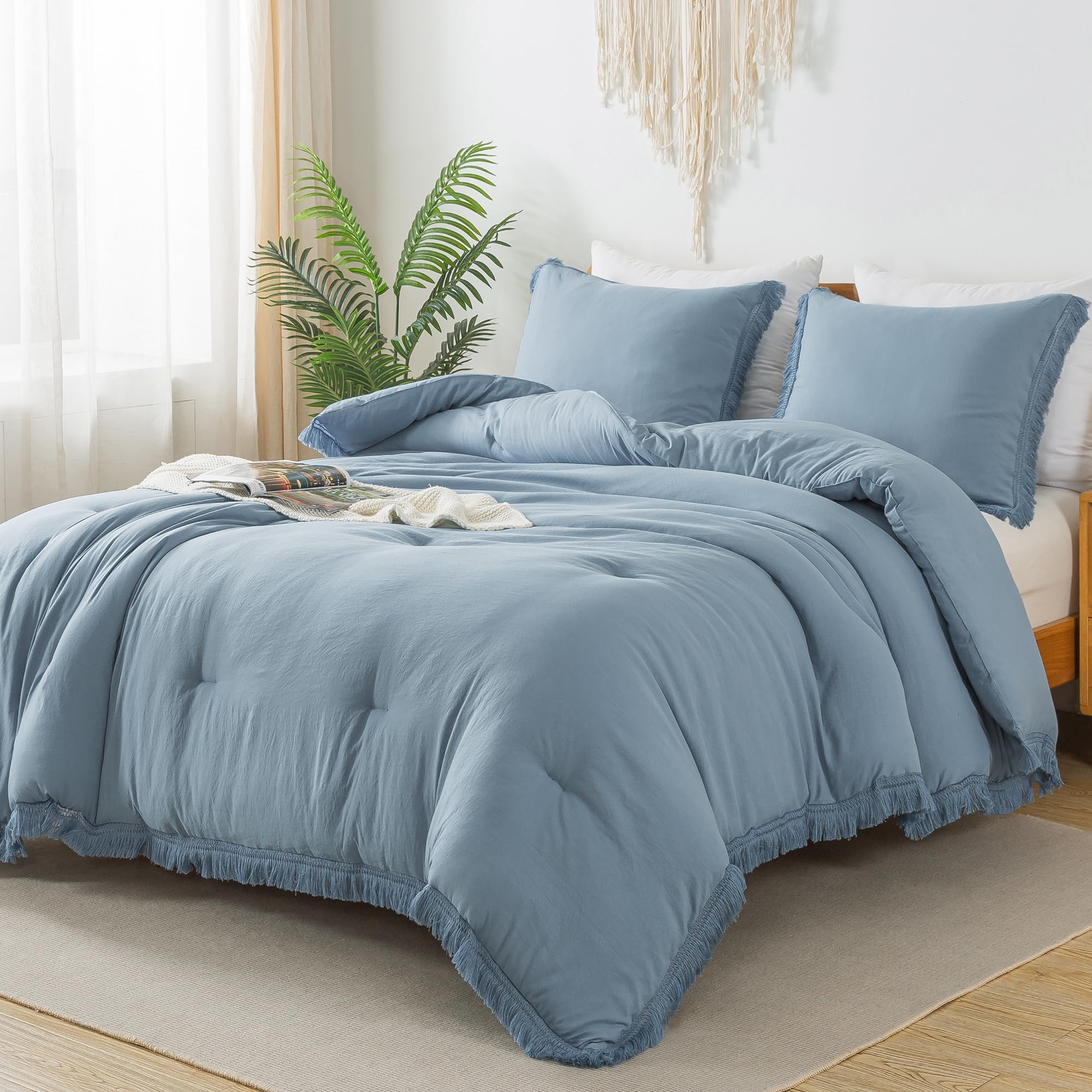 Andency Grayish Blue Comforter Set King Size, 3 Pieces Boho Tassel Lightweight Bedding Comforter Sets, All Season Soft Fluffy Fr