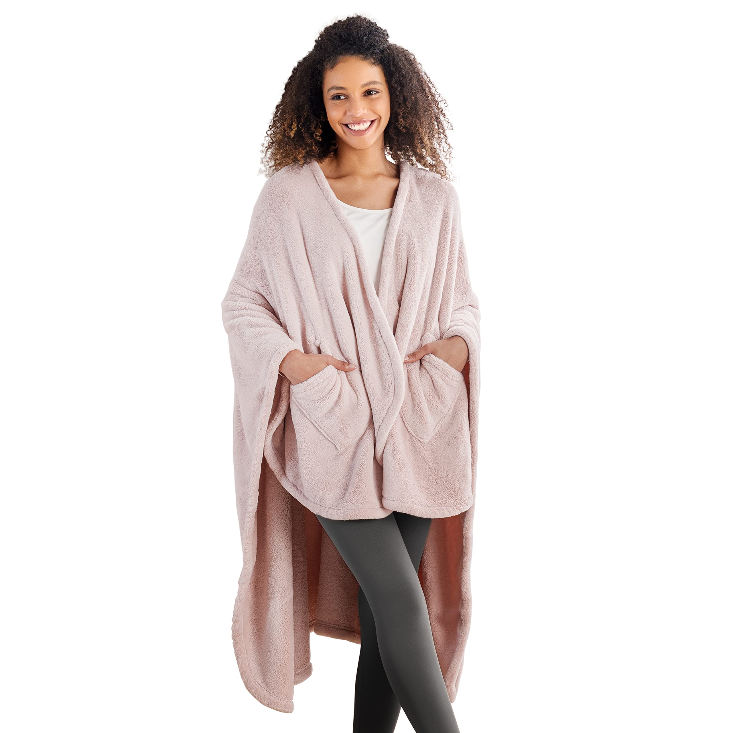 Berkshire Blanket Primalush Wearable Blanket, Cozy Loungewear Pocketed Plush Cape Wrap for Adults &Teens(Pink, One Size 58X64)