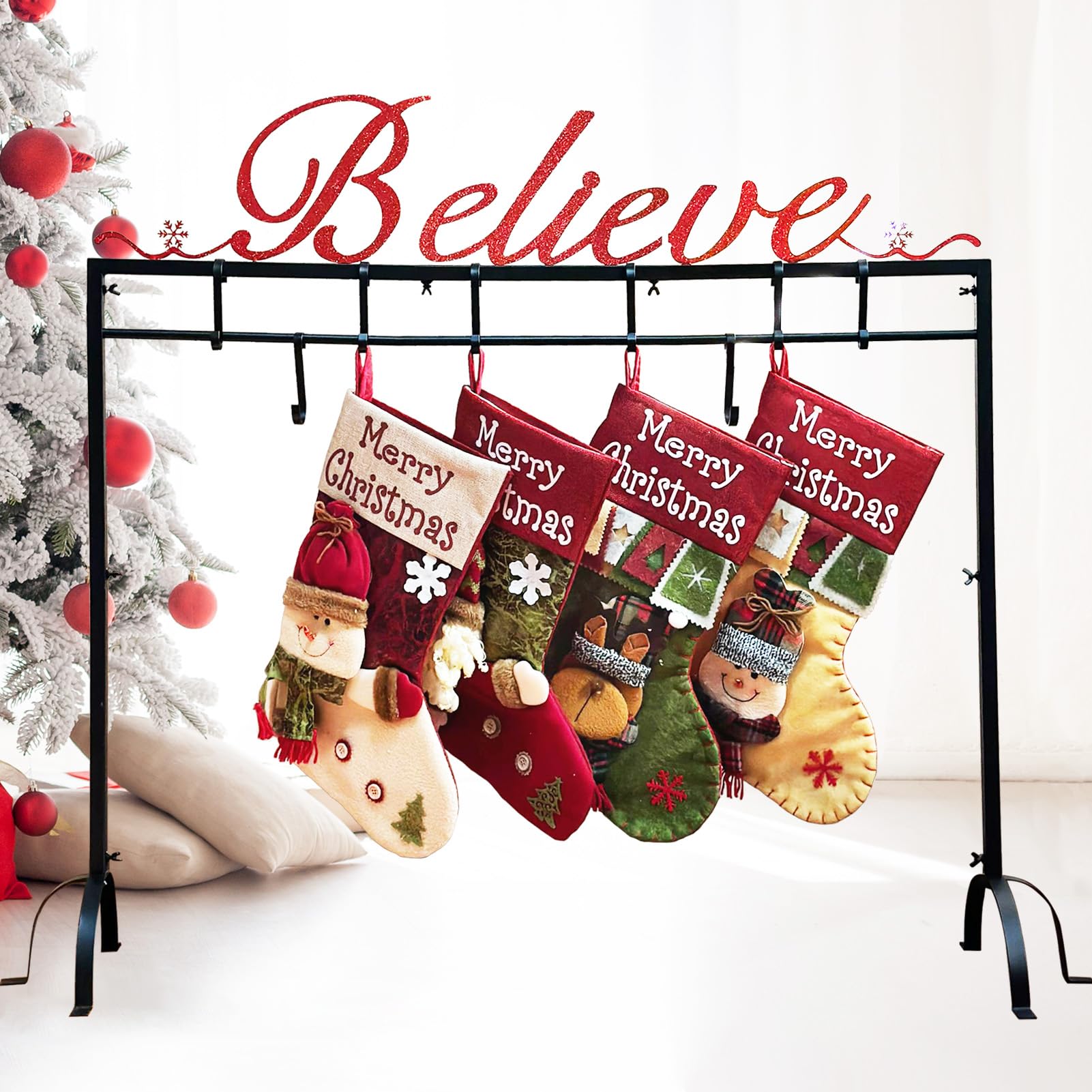 HUTHDAK Metal Believe Christmas Stocking Holder Stand with 8 Hooks,Heavy Duty Freestanding Christmas Stocking Holder Stand for F