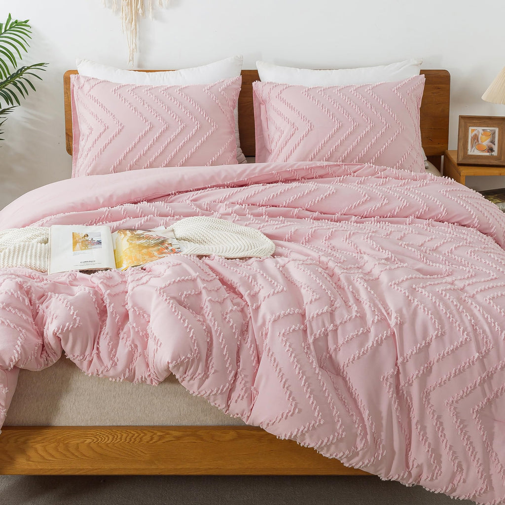 Litanika Pink Queen Size Comforter Sets, 3 Pieces Lightweight Chevron Tufted Bedding Comforter Set, Fluffy Down Alternative Comf