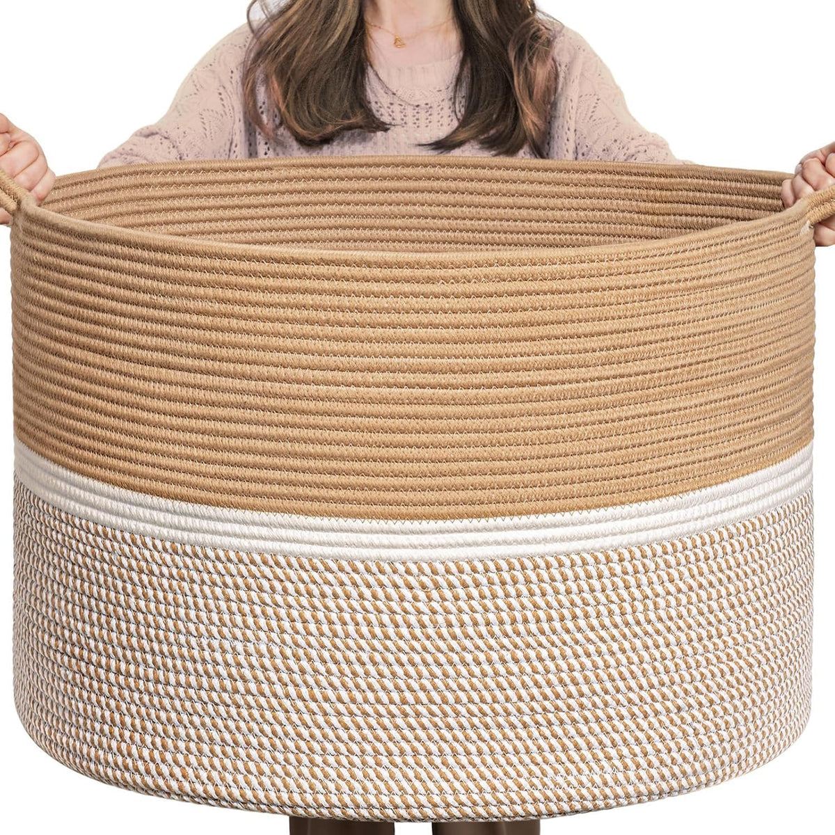ALBY Extra Large Laundry Basket, Woven Rope Blanket Basket For Towels, Clothes, Toy Storage Basket, Pillow Basket For Living Roo