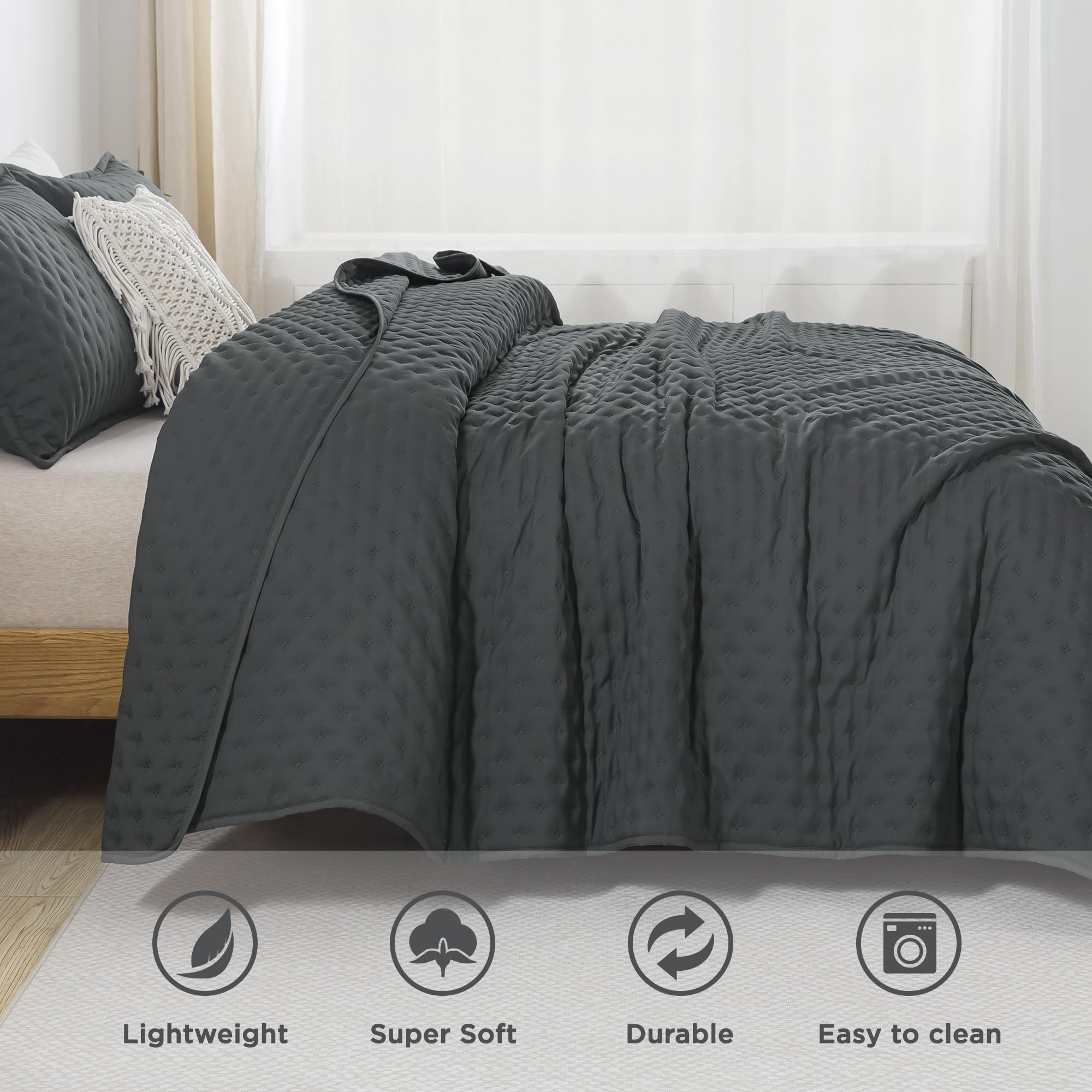 Andency Dark Grey King Size Quilt Bedding Set (106X96 Inch), 3 Pieces Soft Lightweight Bedspread Coverlet, Drak Gray Boho Summer
