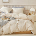 WARMDERN Duvet Cover Set Queen Size, 3pcs Washed Microfiber Beige Bedding Set, Soft Breathable Striped Textured Seersucker Duvet
