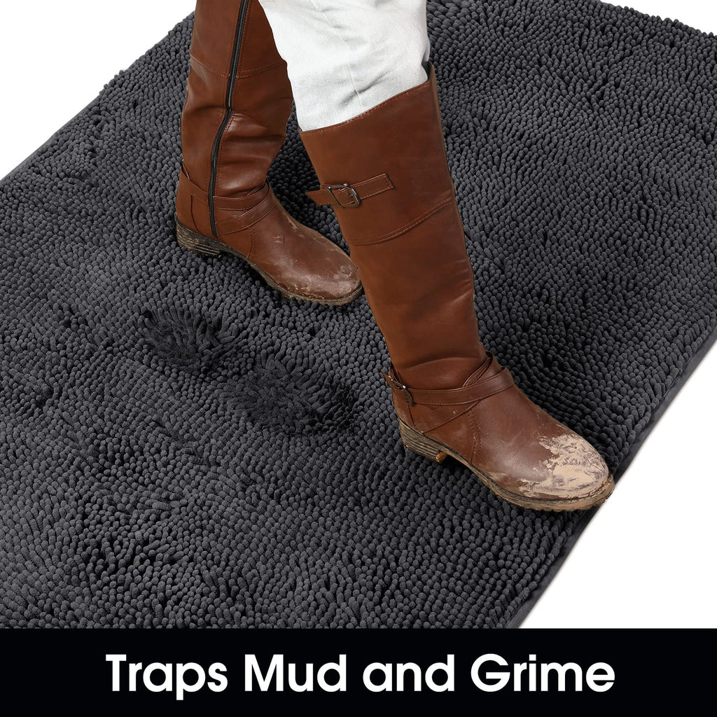 Homeideas Absorbent Chenille Door Mat Indoor, 24“X36”, Dirt Trapper Machine Washable Non Slip Throw Rugs For Entryway, Entrance, Mud Room, Thick Welcome Doormat, Dark Gray