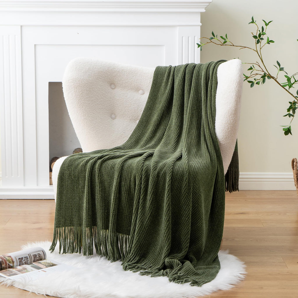 Battilo Home Olive Green Throw Blanket For Couch, Soft Chenille Knit Throws With Tassels For Home Decor, Green Throws For Couch