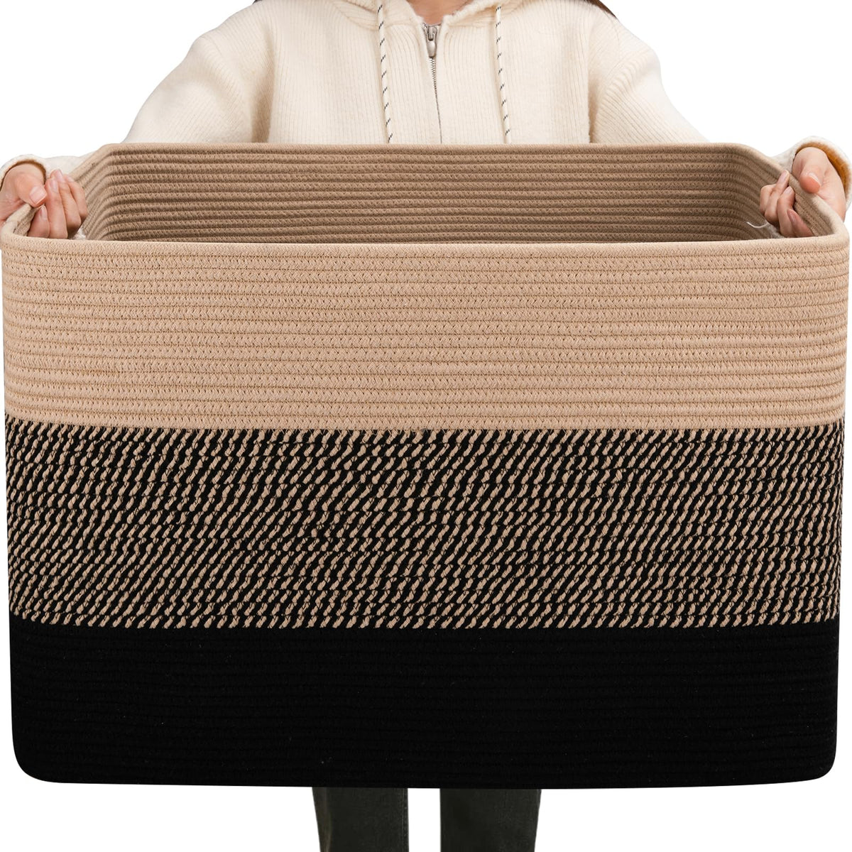 Oiahomy 108L Super Large Blanket Basket, 25   X16   X16    Rectangle Woven Baskets For Storage, Cotton Rope Basket For Living Ro