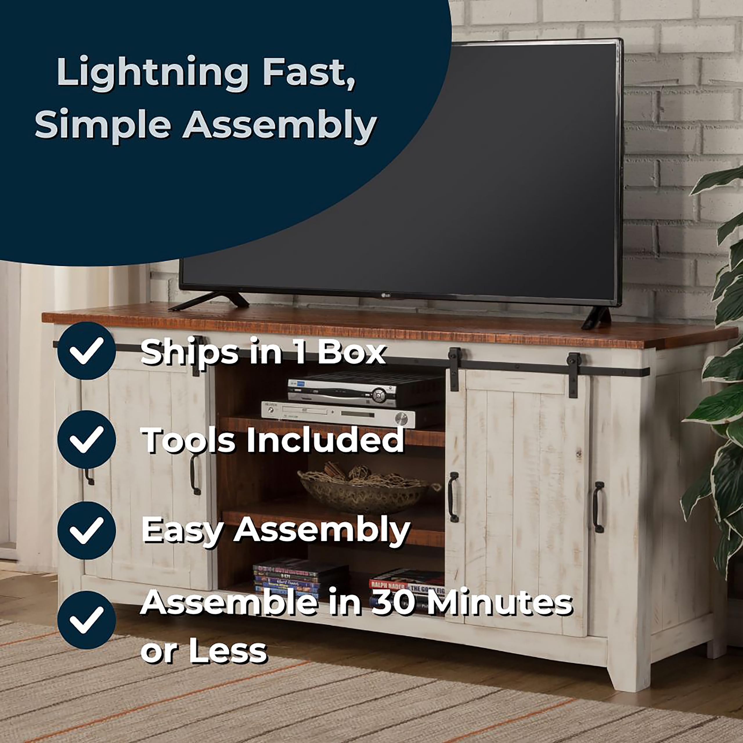 Martin Svensson Home Entertainment Center Solid Pine Wood Rustic TV Stand White and Honey Finish 65"