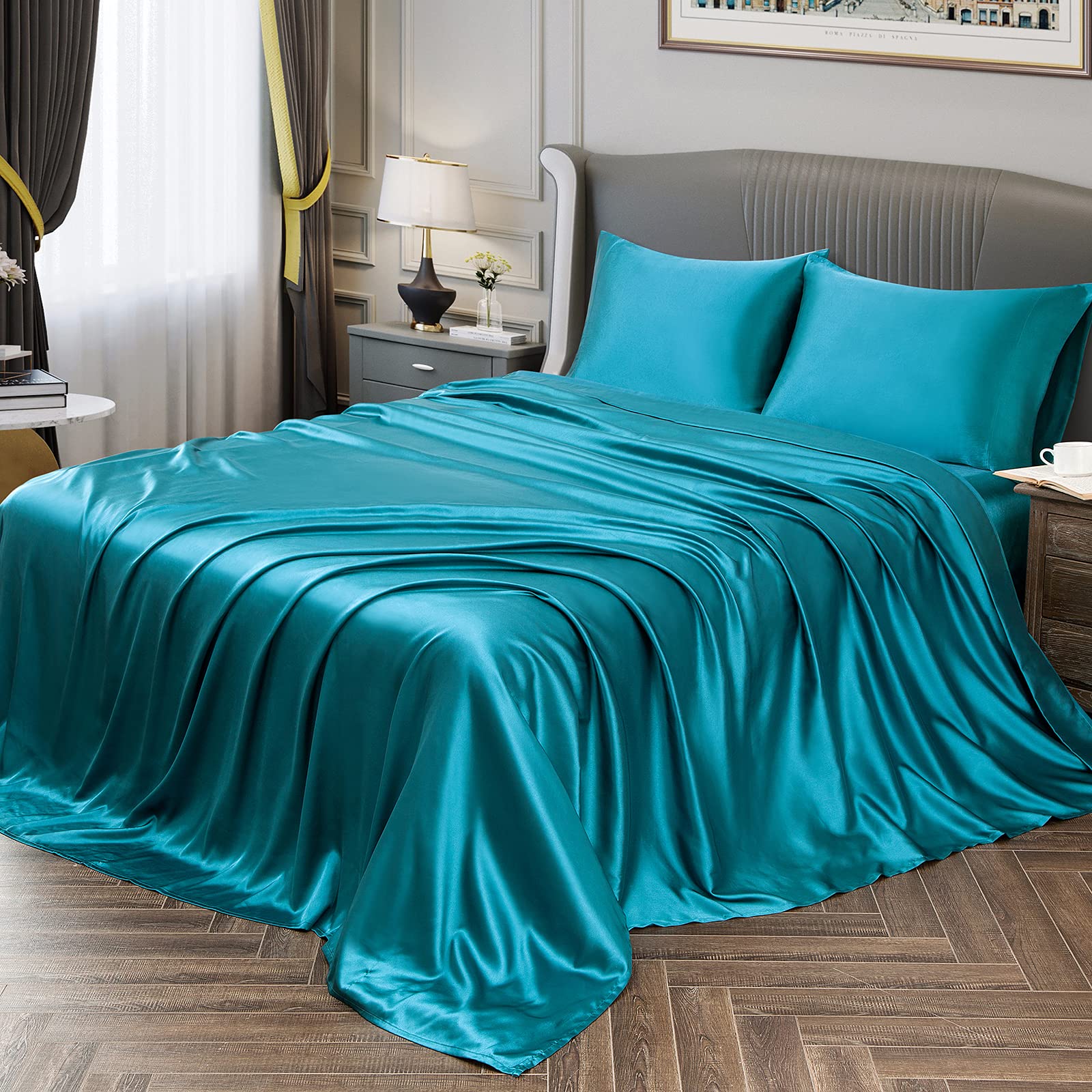 Vonty Satin Sheets Full Size Silky Soft Satin Bed Sheets Teal Satin Sheet Set, 1 Deep Pocket Fitted Sheet + 1 Flat Sheet + 2 Pil