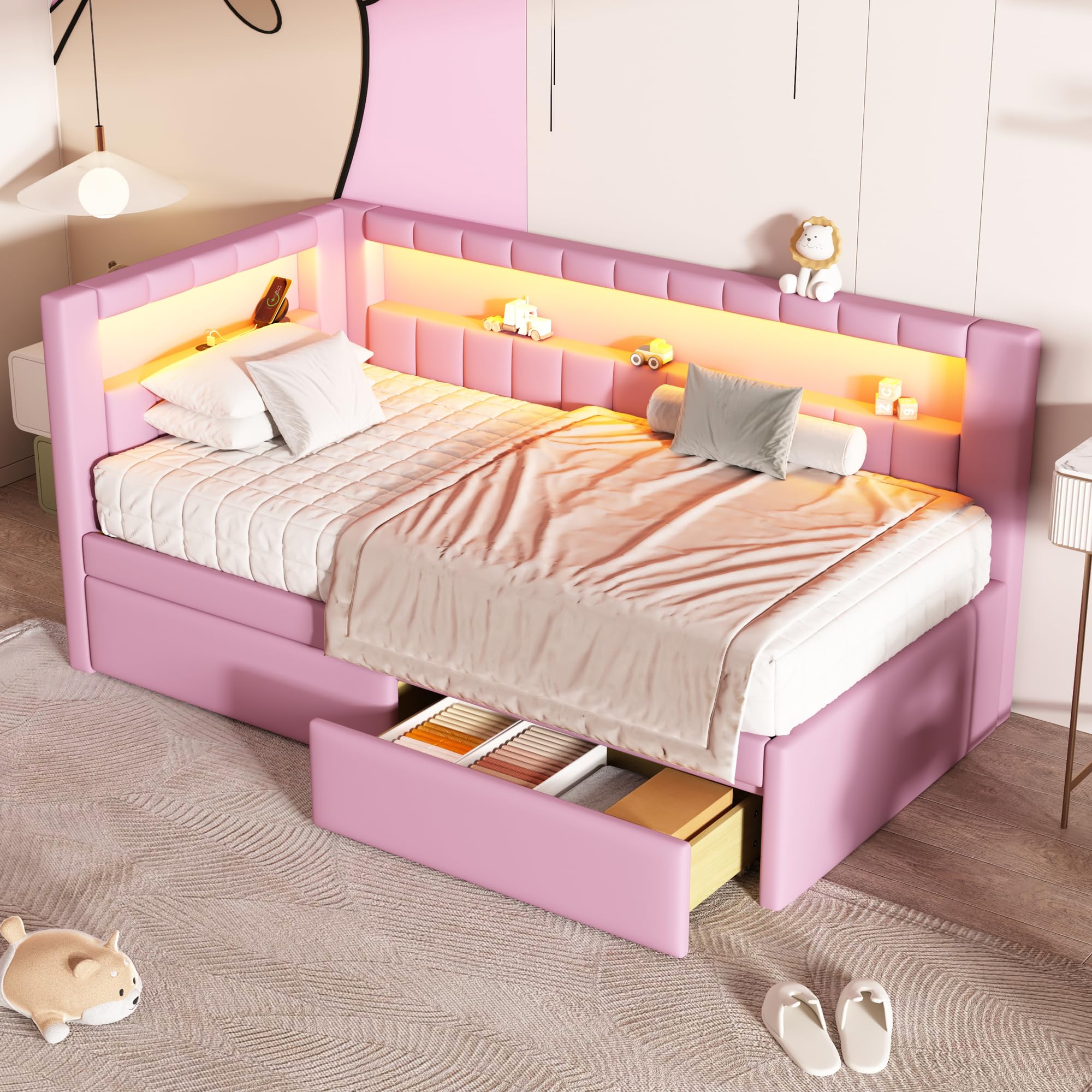 Merax Twin Size Modern Upholstered Platform Bed with USB Ports & Storage Drawers, Floor Sofa Daybed with Wood Slat Support, Stor