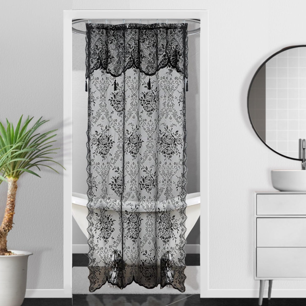 Warm Home Designs Black Stall Shower Curtain 36 x 72 Inches with Attached Valance & 4 Tassels. Luxury Lace Small Shower Curtain 