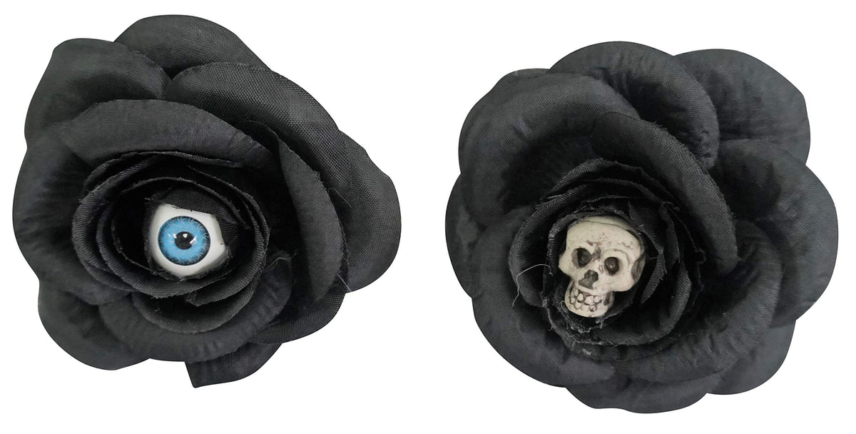 Halloween Gothic Hair Flower Accessory, Artificial Black Rose Hair Pins with Skeleton Head and Monster Eyeball, Dark Creepy Flow