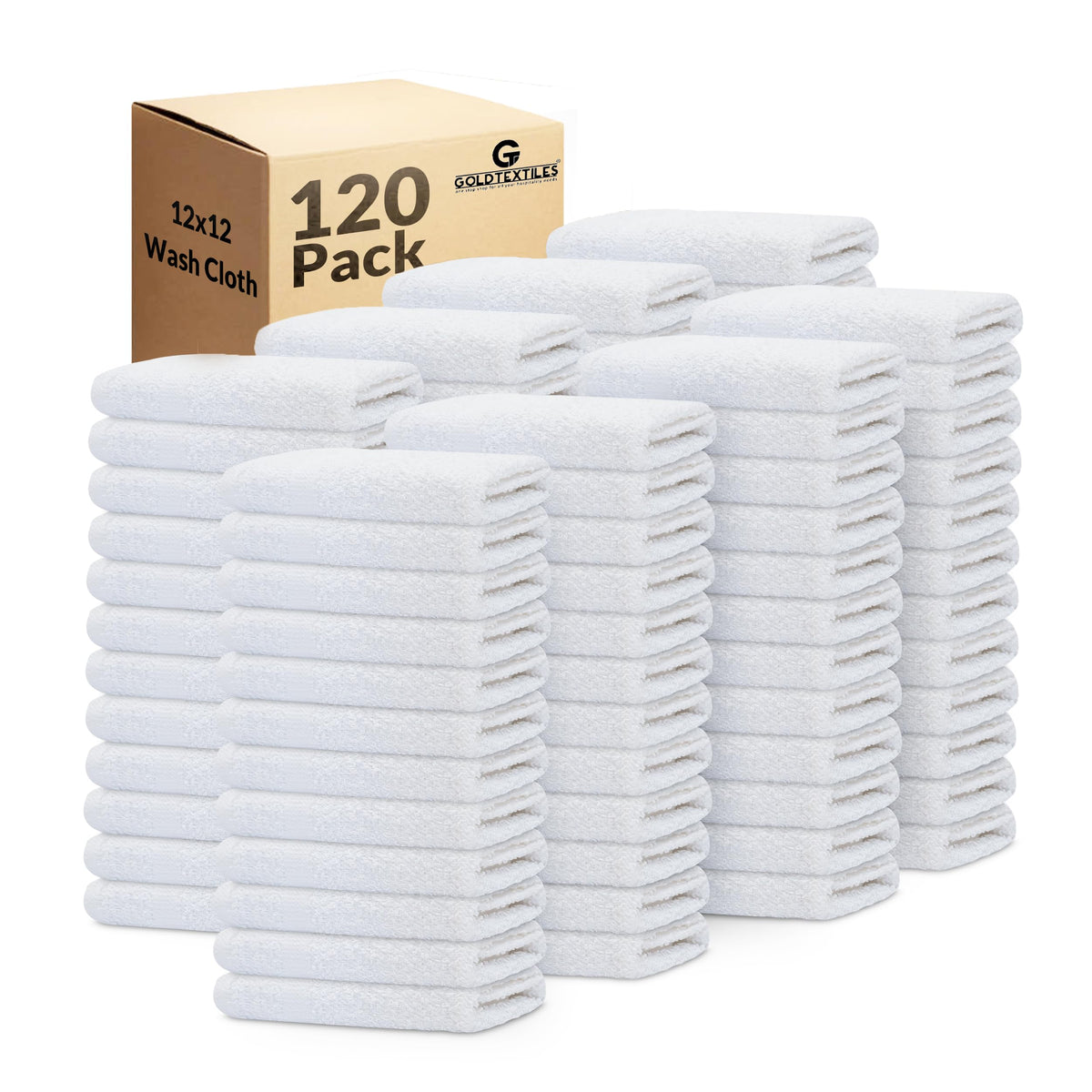 GOLD TEXTILES 120 Pack Economy White Washcloths Set (12x12 inches) - Cotton Blend Commercial Grade Cleaning Rags, Quick Drying &