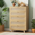 AOGLLATI Rattan Dresser for Bedroom with 5 Drawer, Modern Double Wooden Tall Bedroom Dresser, Chest of Drawers with Metal Handle