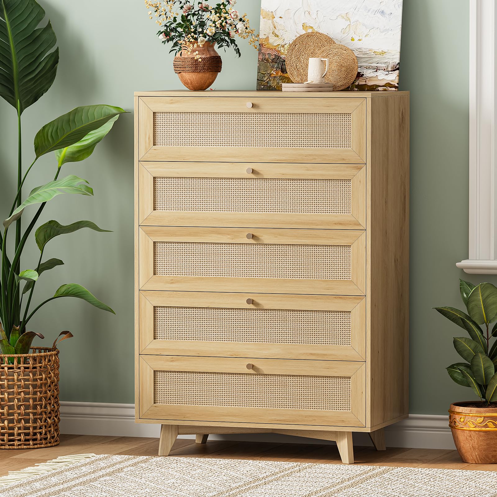 AOGLLATI Rattan Dresser for Bedroom with 5 Drawer, Modern Double Wooden Tall Bedroom Dresser, Chest of Drawers with Metal Handle