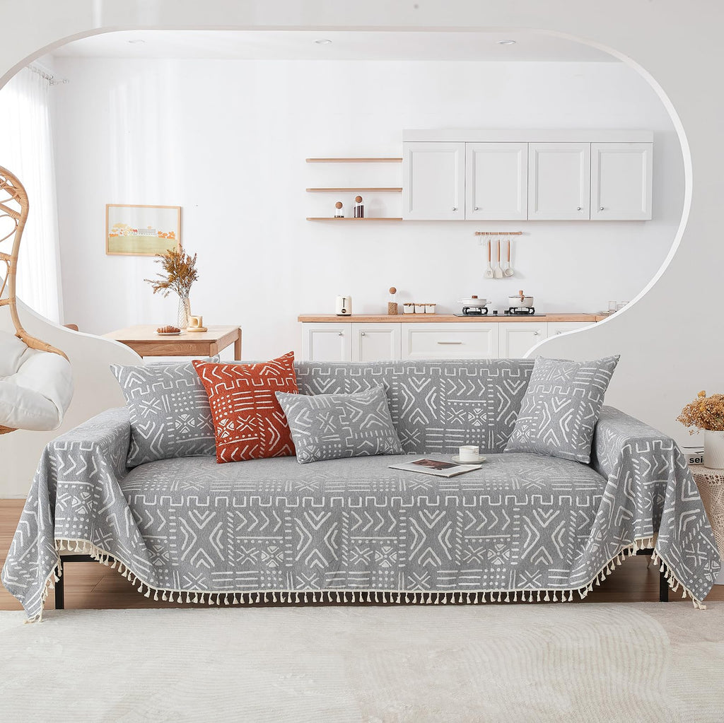Handontime Bohemian Grey And White Couch Cover For Dogs Aztec Tribal Sofa Covers For 3 Cushion Couch Aesthetic Tassel Couch Slipcover Sofa Seat Cover Universal Loverseat Cover Futon Cover, 71' X134'