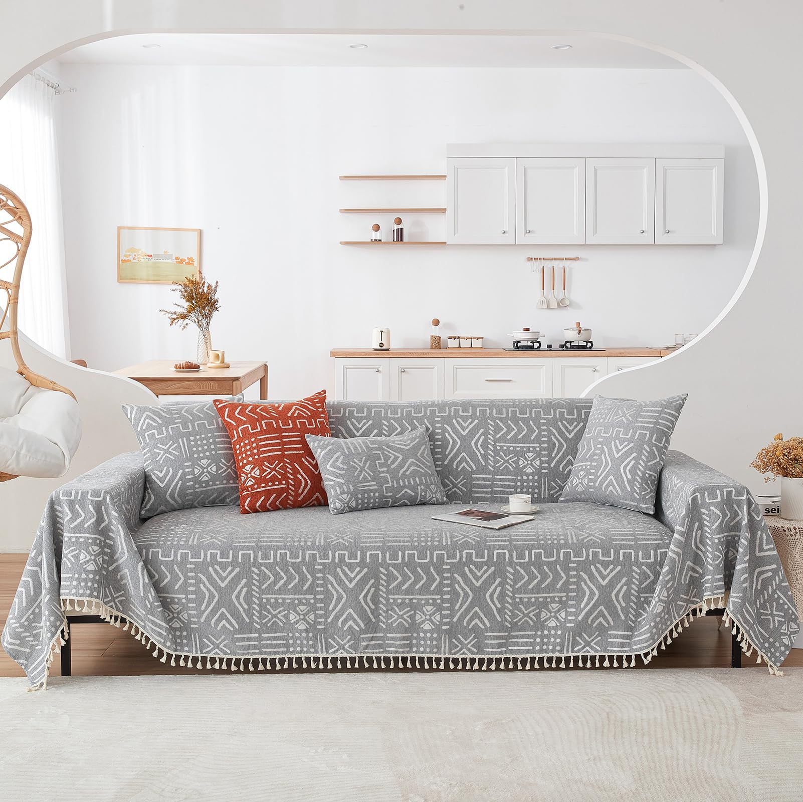 Handontime Bohemian Grey And White Couch Cover For Dogs Aztec Tribal Sofa Covers For 3 Cushion Couch Aesthetic Tassel Couch Slipcover Sofa Seat Cover Universal Loverseat Cover Futon Cover, 71' X134'