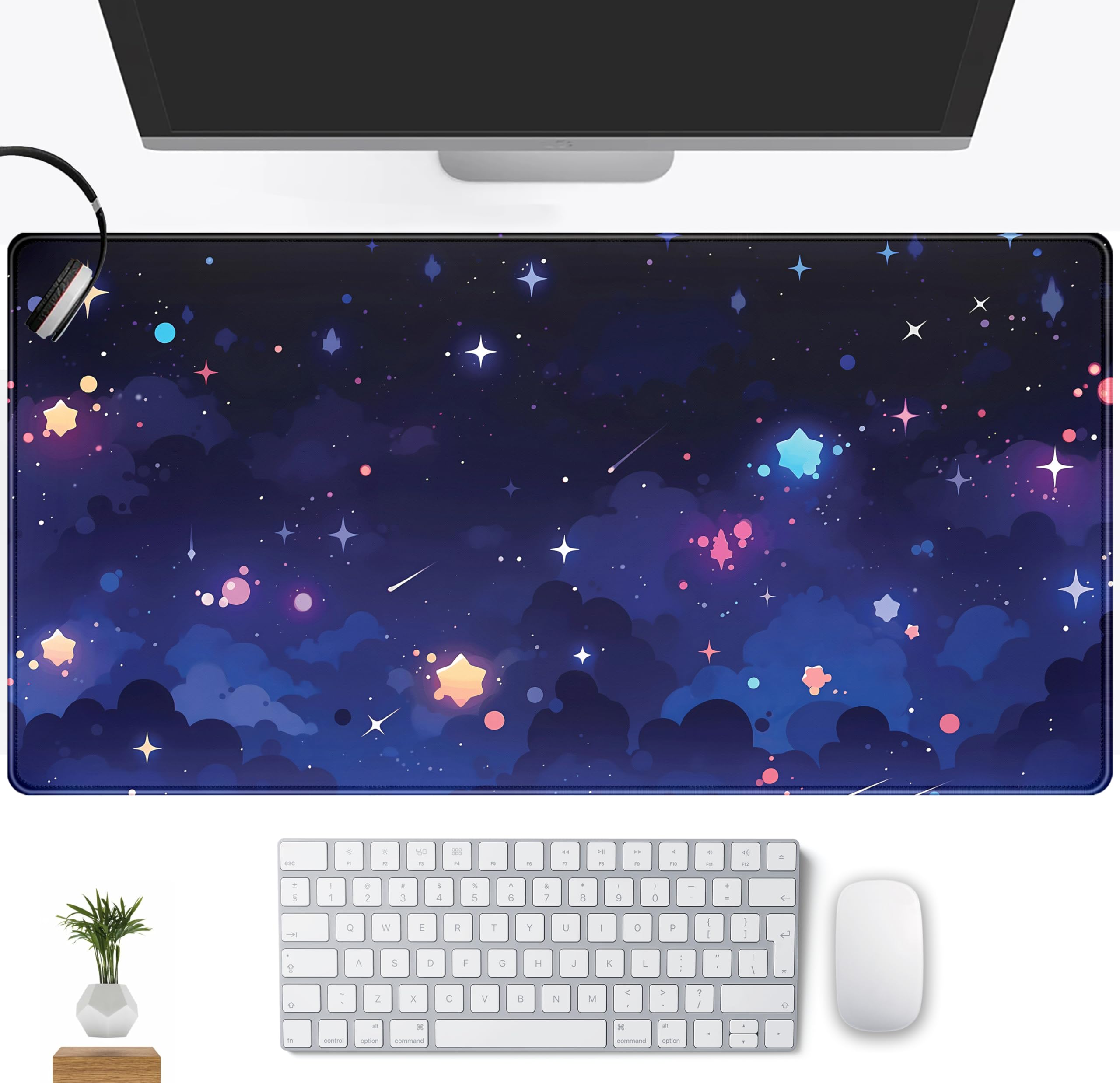 Blue Stars Desk Mat Cute Cloud Desk Pad, Aesthetic Starry Sky Mouse Mat Gaming Mousepad Xxl, Extra Large Deskktop Mats For Keybo