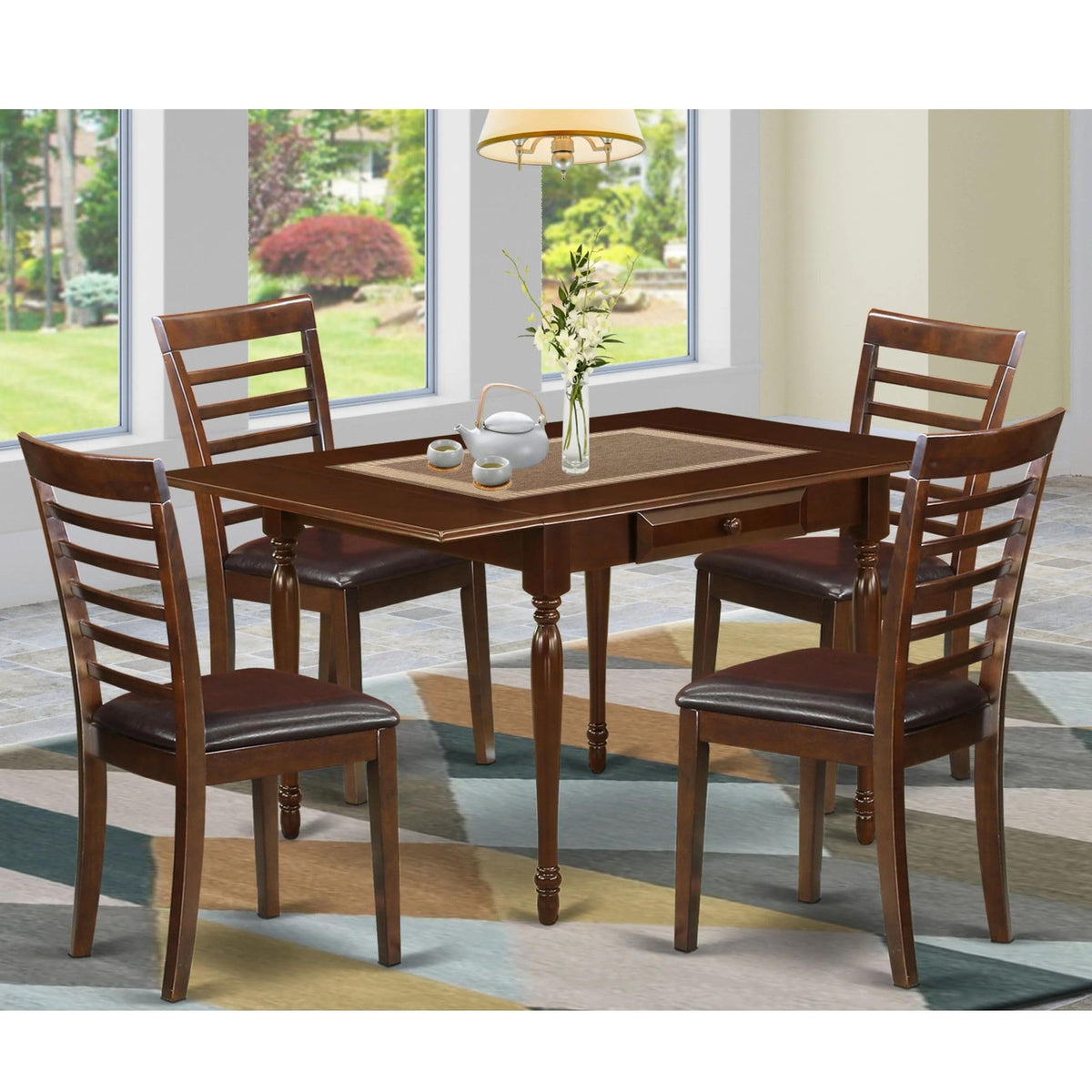 East West Furniture Mzml5-Mah-Lc 5 Piece Dining Table Set For 4 Includes A Rectangle Kitchen Table With Dropleaf And 4 Faux Leather Upholstered Dinette Chairs, 36X54 Inch, Mahogany