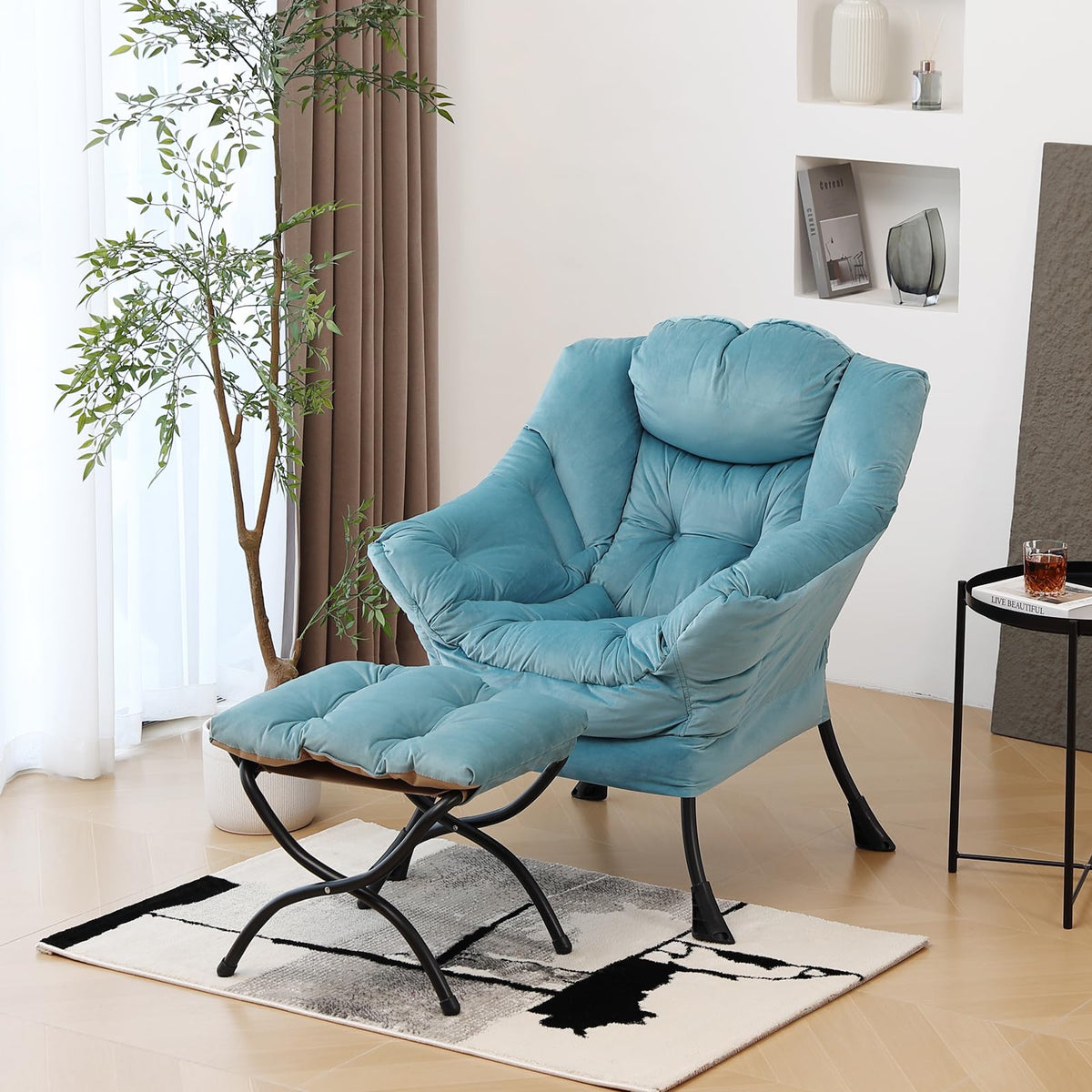 Furlide Lazy Chair With Ottoman, Modern Chair With Folding Footrest, Lounge Accent Chair, Comfortable Reading Chair (Velvet Ligh