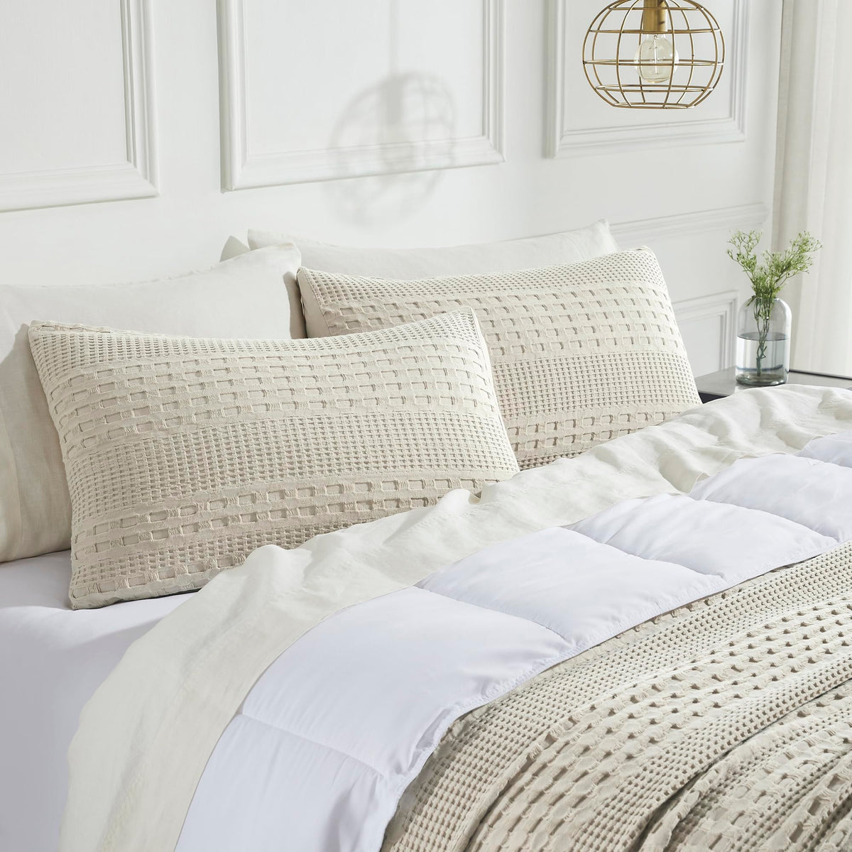 VHC Brands 100% Cotton Waffle Weave Natural Standard Sham Set of 2 20x26, Decorative Throw Pillow Covers/Shams, Boho Farmhouse B