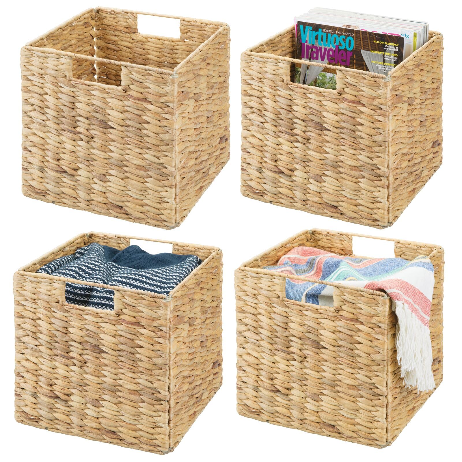 mDesign Natural Woven Hyacinth Cube Organizer Basket with Handles, Storage for Bathroom, Laundry Room Shelf or Nursery - Perfect