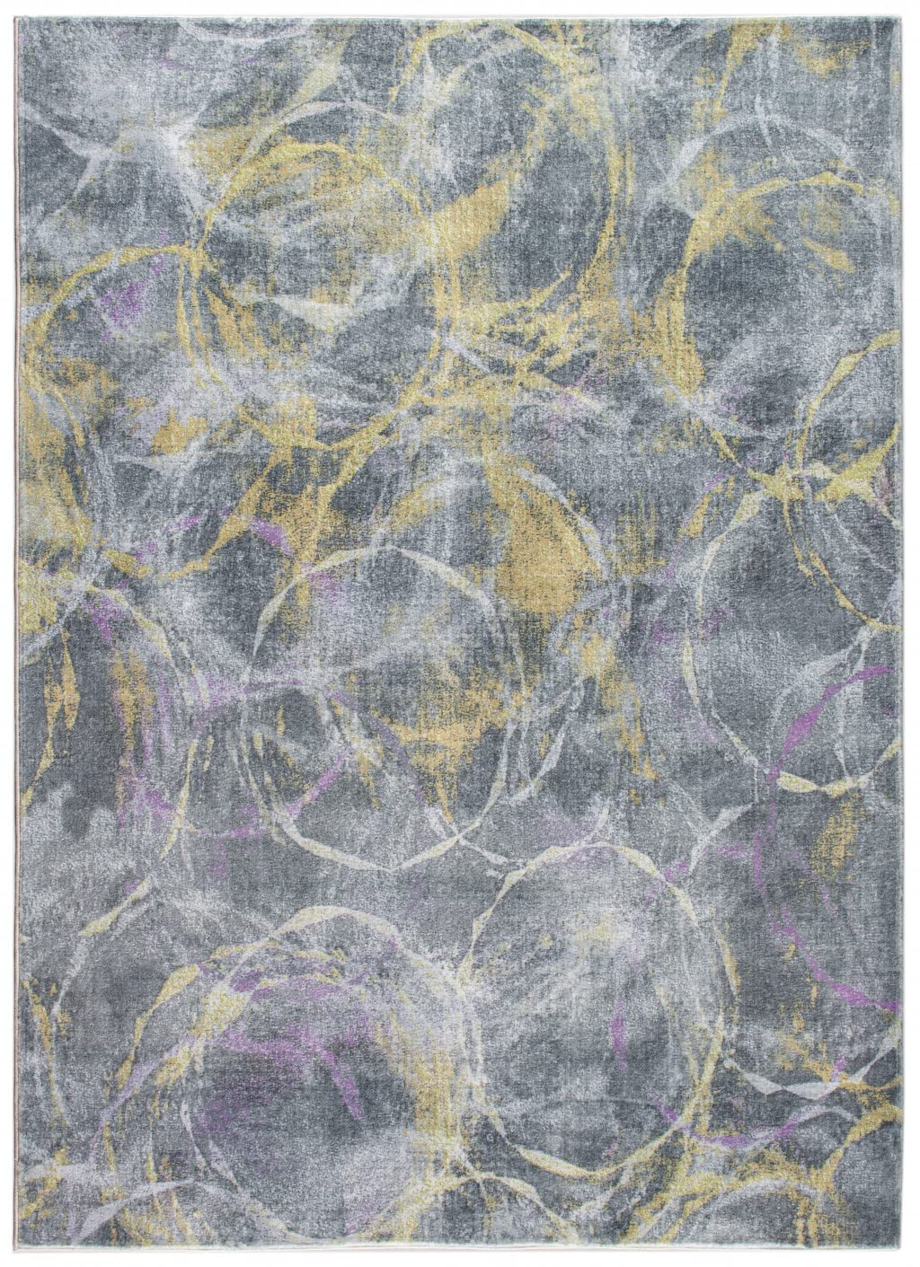HomeRoots Grey/Gold Polyester 8’ x 10’ Gray Gold Abstract Rings Area Rug