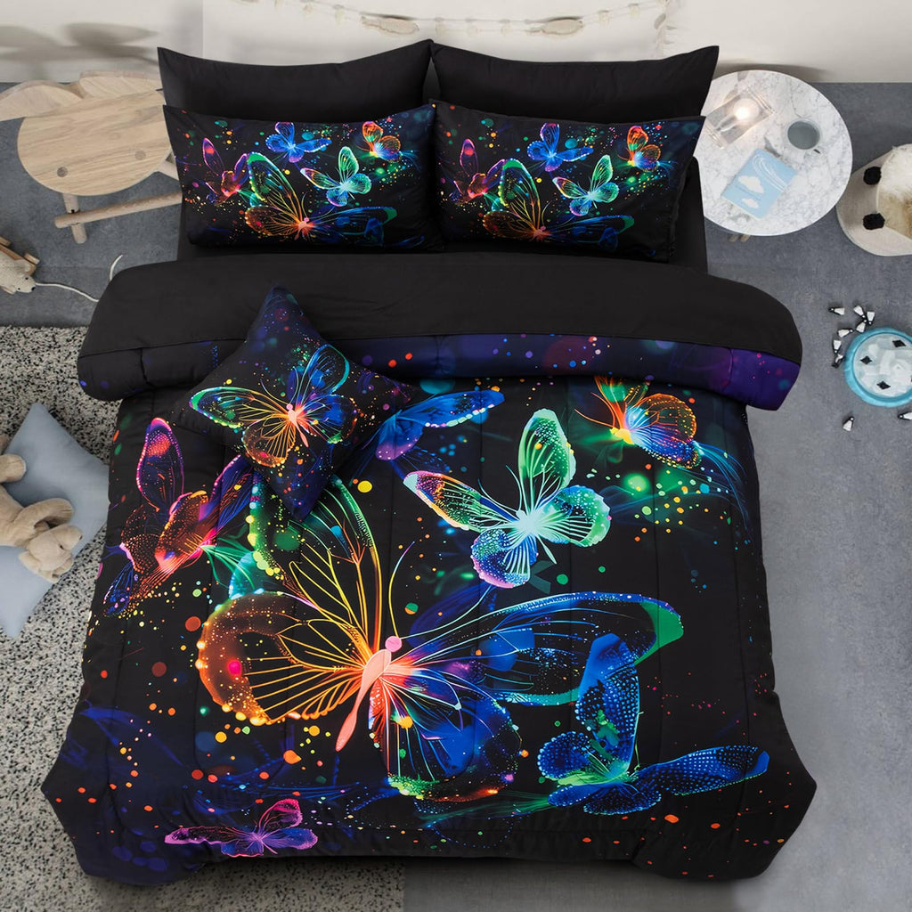 A Nice Night Galaxy Bedding Sets,3D Butterfly Flying in Space Printed,Glitter Butterflies 6pcs Bed in a Bag Twin Comforter Set, 