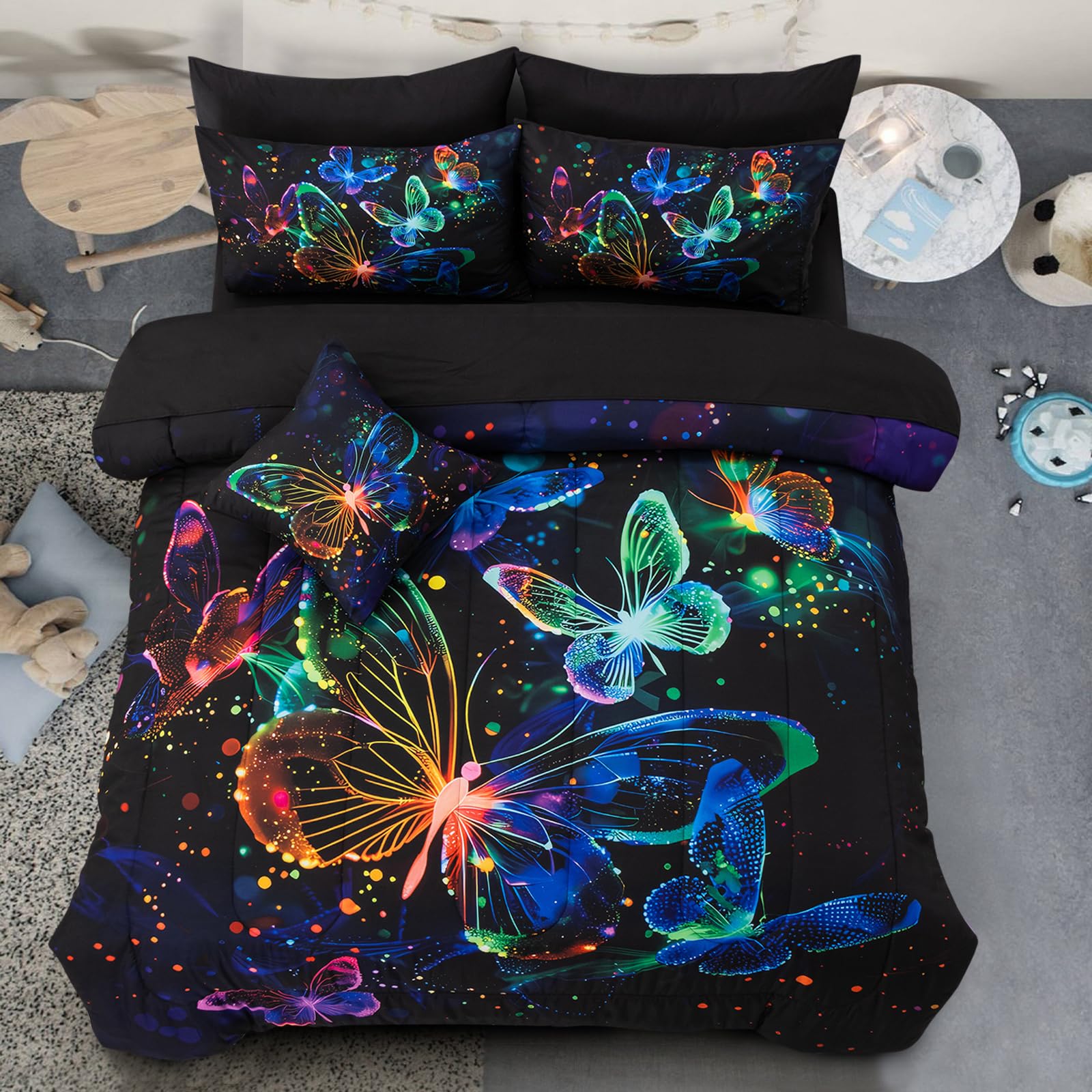 A Nice Night Galaxy Bedding Sets,3D Butterfly Flying in Space Printed,Glitter Butterflies 6pcs Bed in a Bag Twin Comforter Set, 