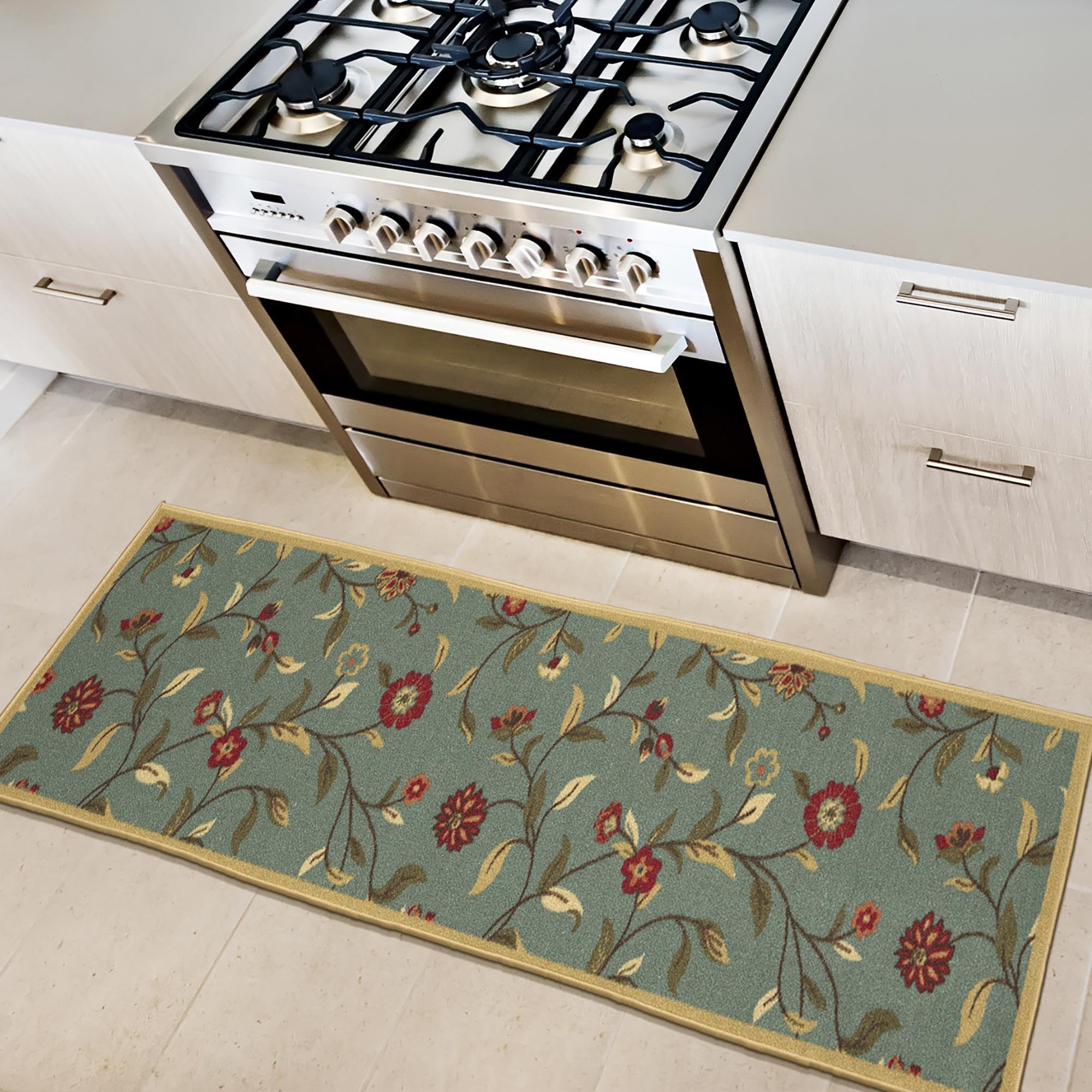Machine Washable Floral Leaves Design Non-Slip Rubberback 2x5 Traditional Runner Rug for Hallway, Kitchen, Bedroom, Entryway, 20