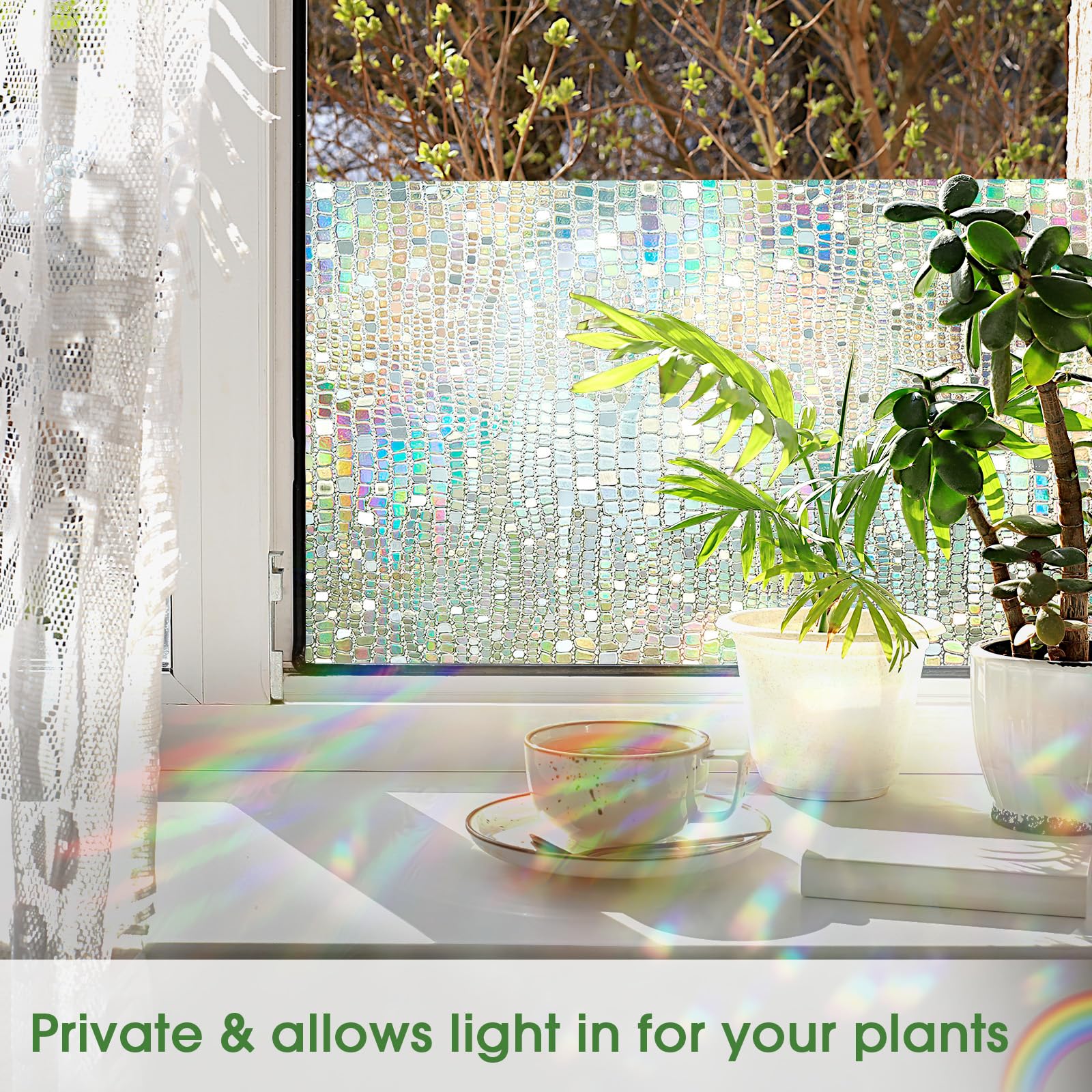Aliuni Window Privacy Film, Stained Glass Window Films 3D Rainbow Decorative Static Cling Iridescent Window Tint Heat Blocking D