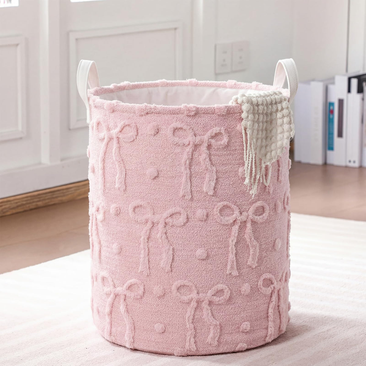 Blushtier Laundry Hamper Faux Fur Basket Girls, Bow Pink