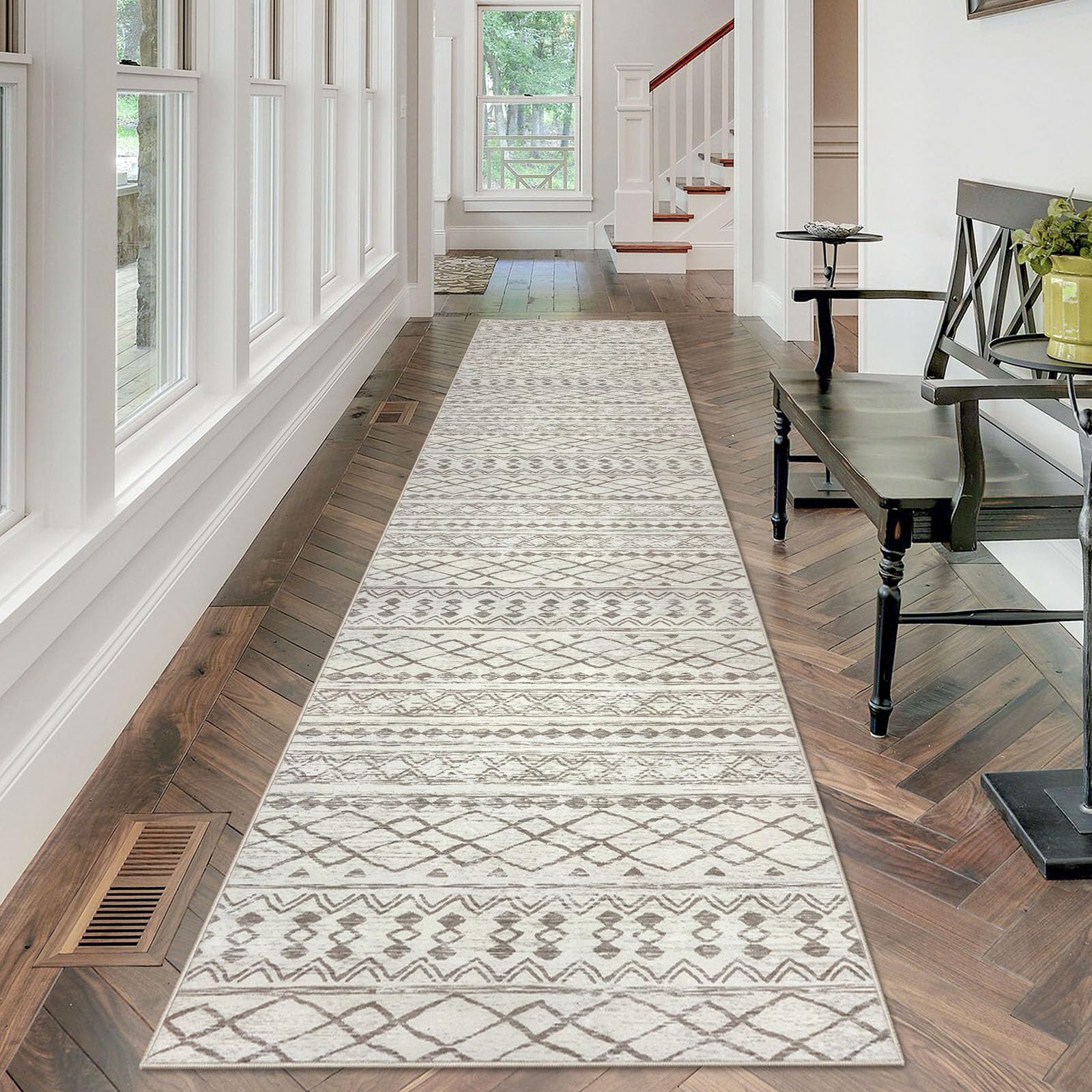 KUTA Moroccan Washable Runner Rug, 2.6x12 Non-Slip Vintage Beige Boho Hallway Runner Kitchen Runner Rug Ultra Soft Distressed Ge