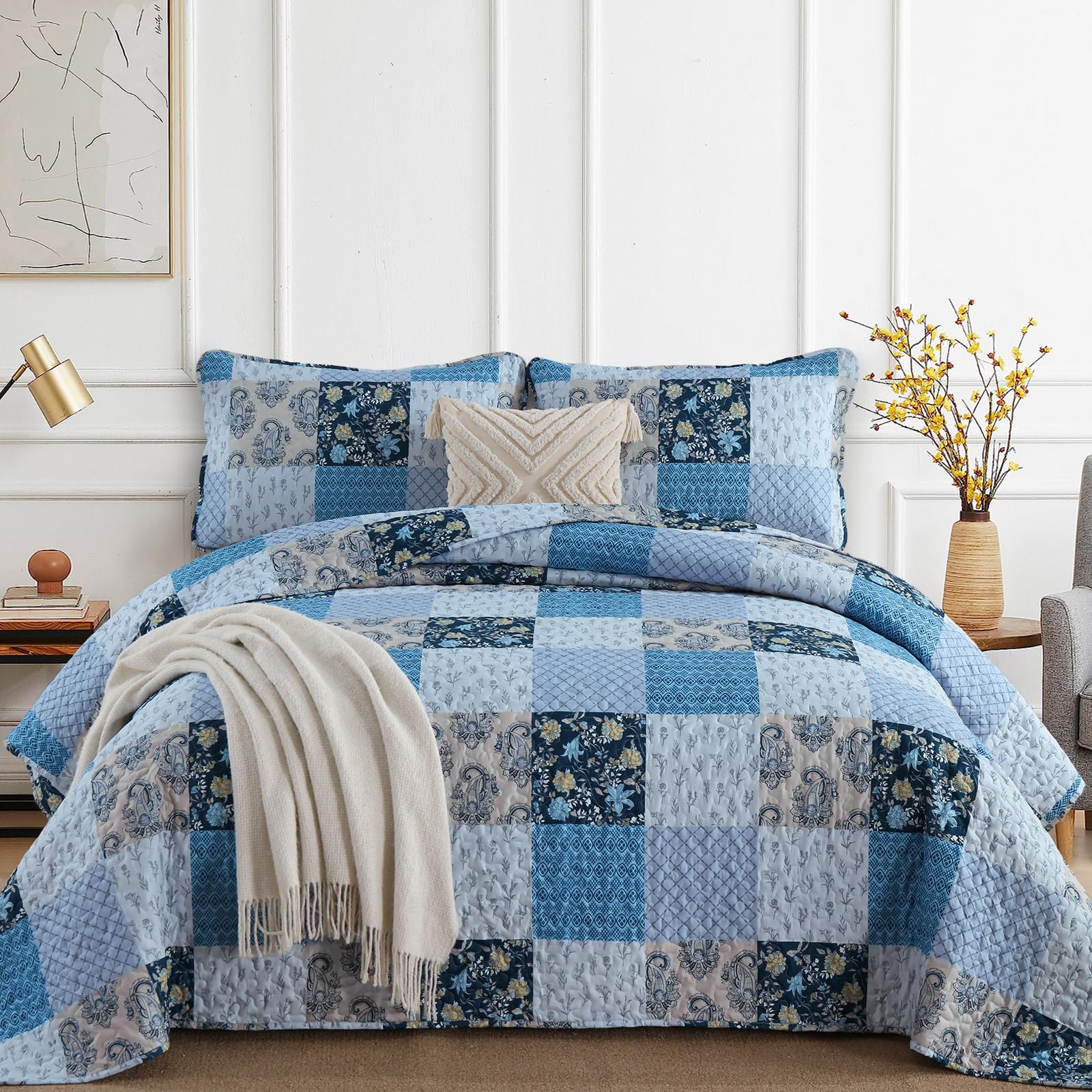 Xruibed Blue Quilt Set King Size 3 Pieces Plaid Floral Boho Bedspread Coverlet Set Patchwork Pattern Reversible Bedding Set Soft