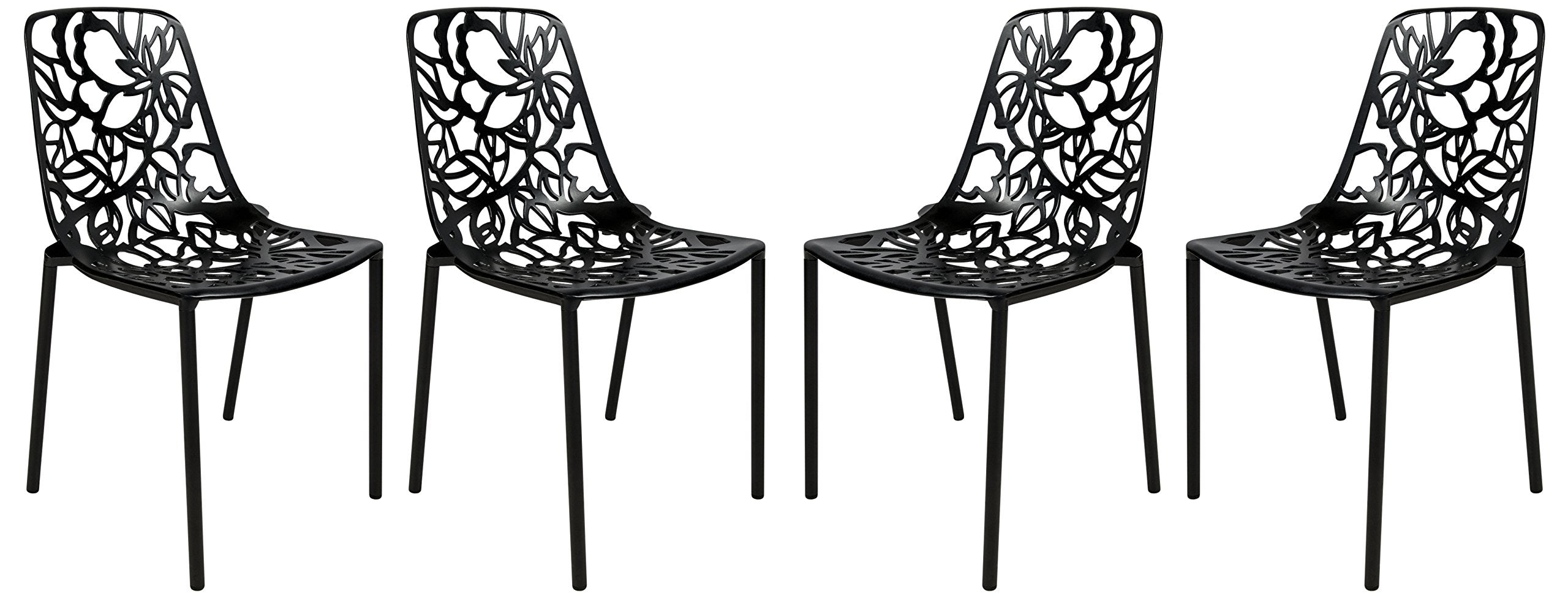 LeisureMod Aluminum Dining Stackable Patio Side Indoor Outdoor Kitchen Chair with Floral Cutout Design Set of 4 Devon Collection