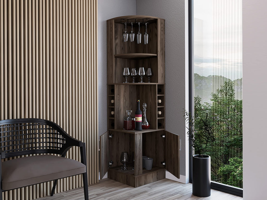 DEPOT E-SHOP Egina Corner Bar Cabinet with Two External Shelves, 71.1" H, Dark Walnut, Living Room