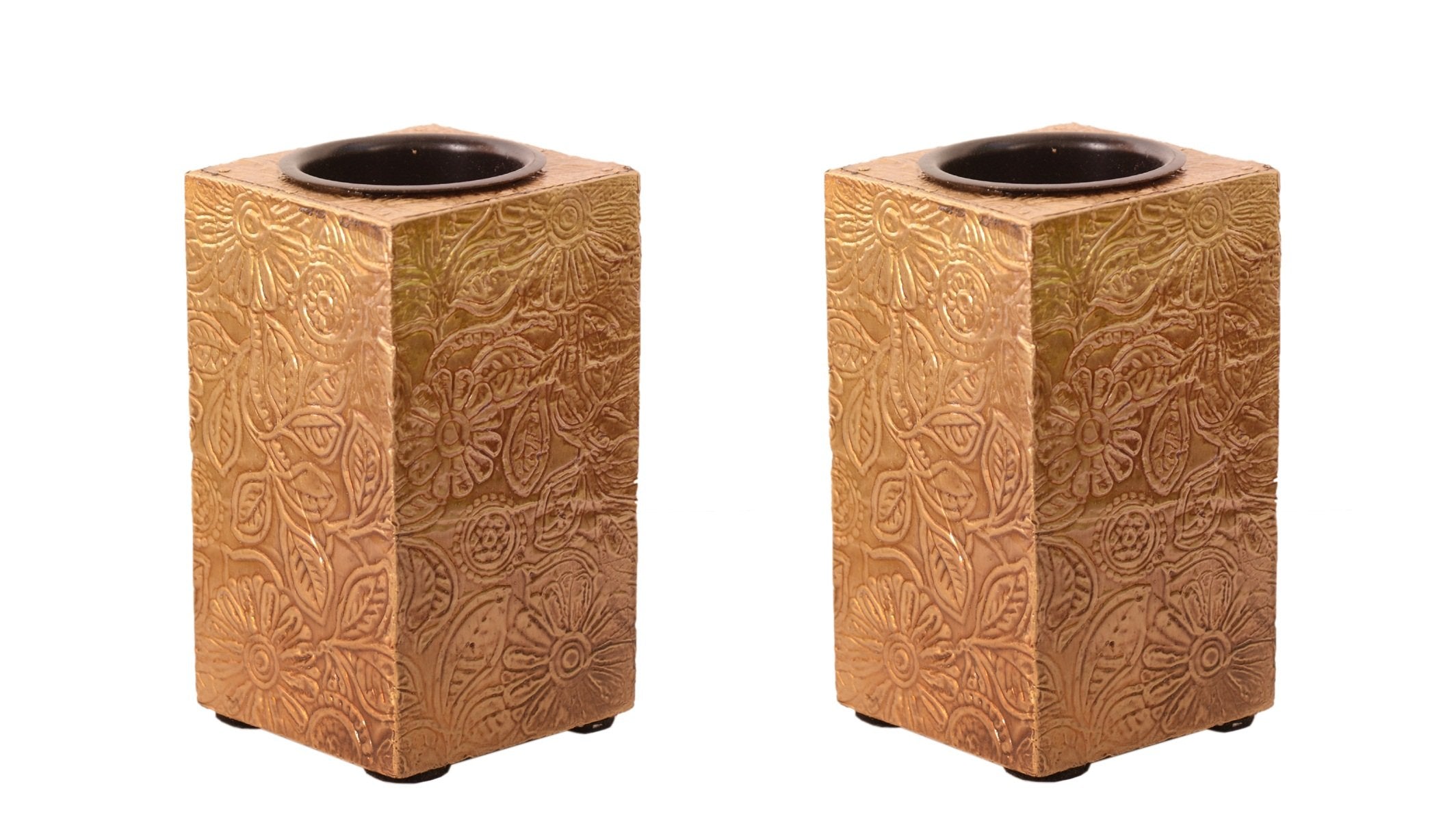 Purpledip Wooden T Light Candle Holders With Brass Sheet Cover (Set Of 2) Golden, Indian Souvenir, Gift (10997)
