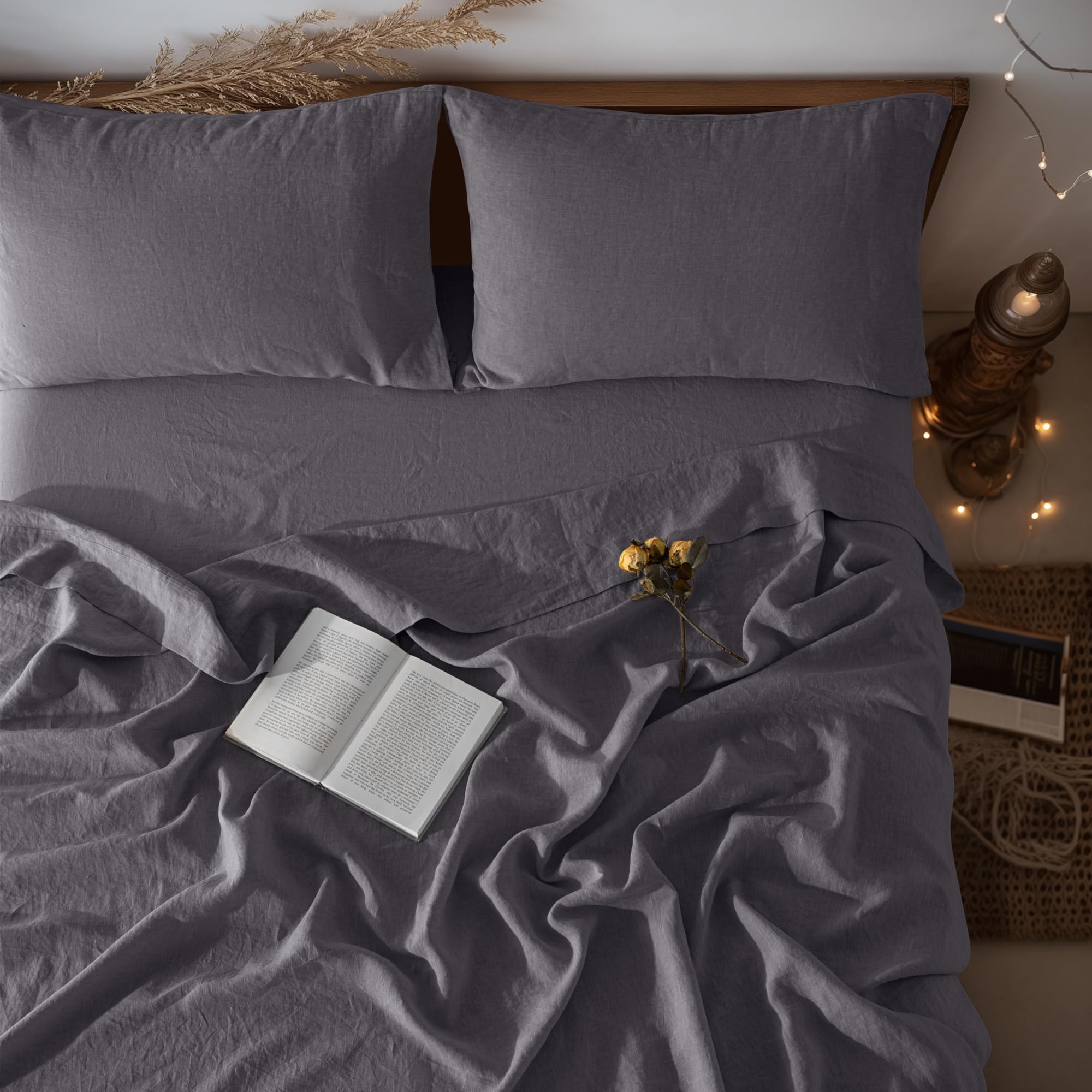 Lbr02M 100% Linen Sheet Set King Size, Bed Sheets 4 Piece Sets, Solid Color Natural Flax Bed Sheets Soft Breathable Bedding, 16'