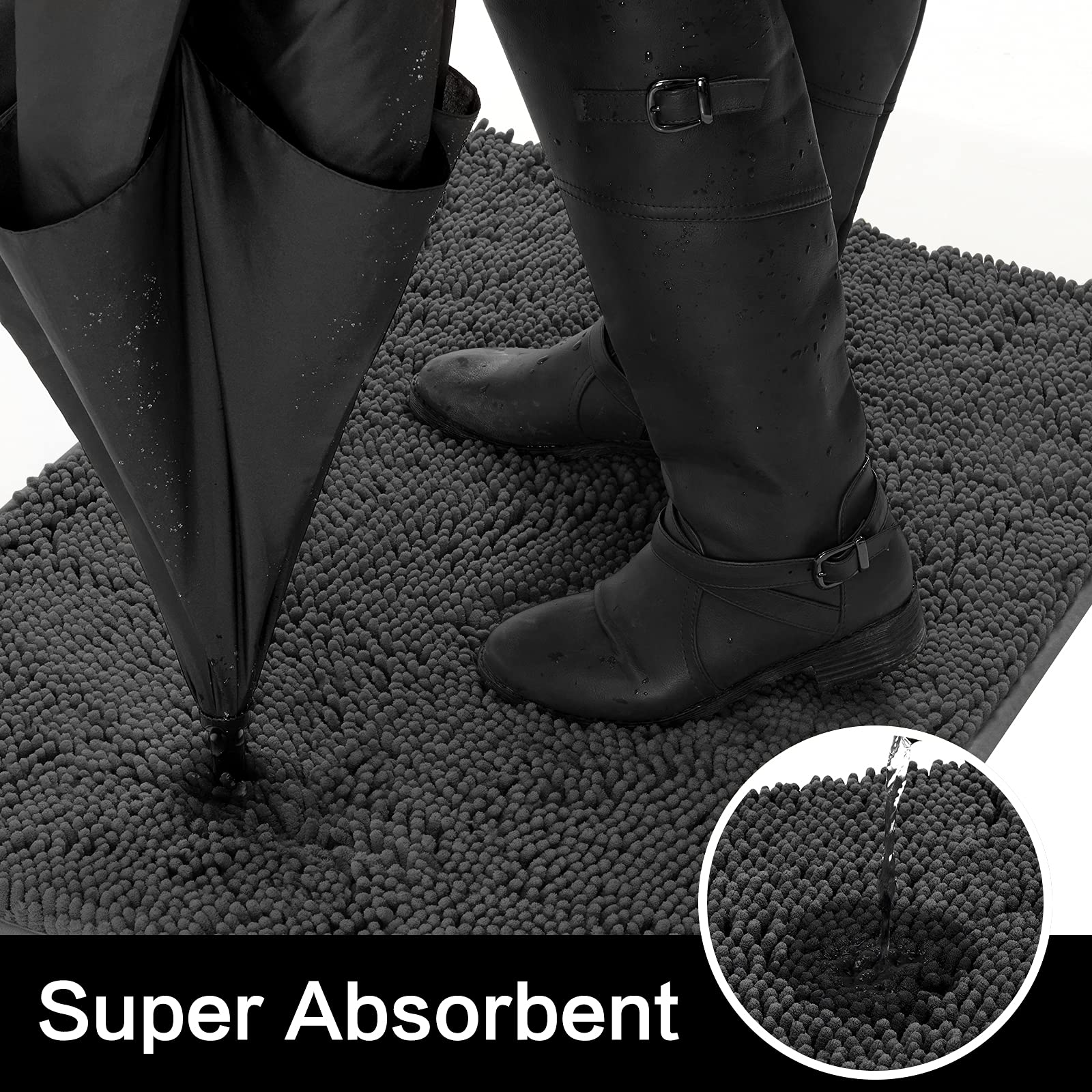 Homeideas Absorbent Chenille Door Mat Indoor, 24“X36”, Dirt Trapper Machine Washable Non Slip Throw Rugs For Entryway, Entrance, Mud Room, Thick Welcome Doormat, Dark Gray